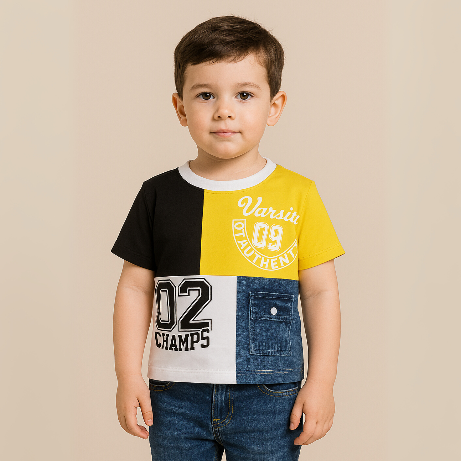 COOLEST Varsity Champs Patchwork T-Shirt – Orange / Royal Blue / Red / Yellow (1–12 Years)