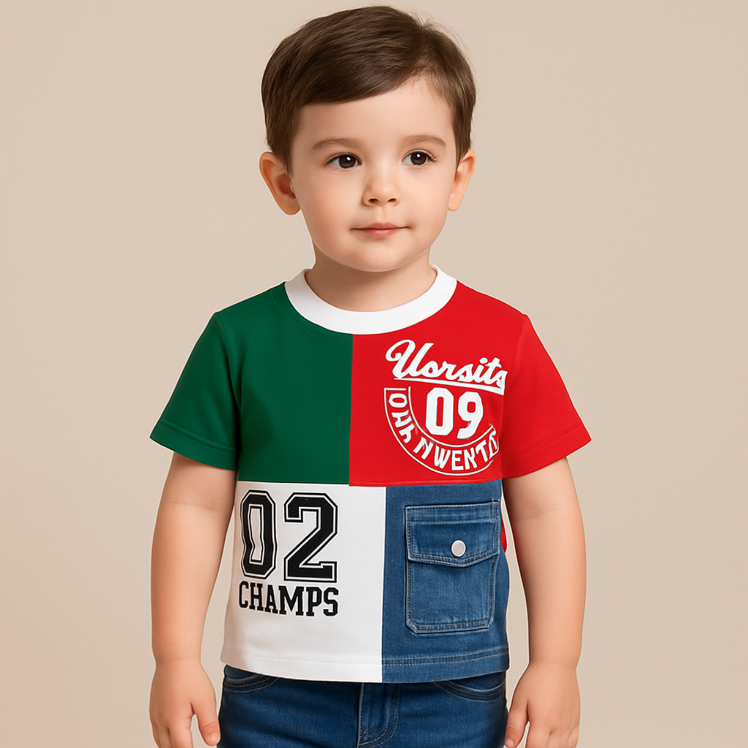 COOLEST Varsity Champs Patchwork T-Shirt – Orange / Royal Blue / Red / Yellow (1–12 Years)