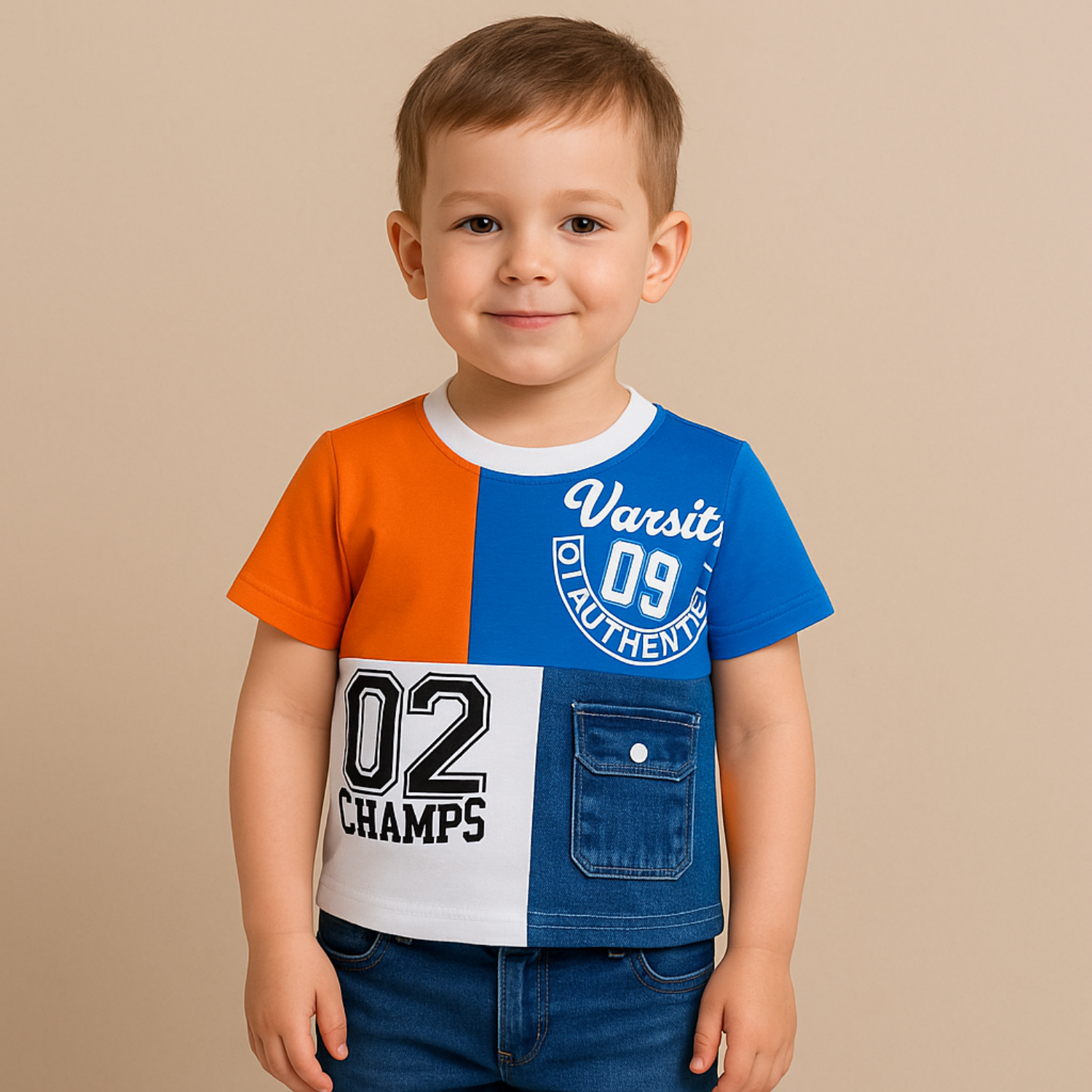 COOLEST Varsity Champs Patchwork T-Shirt – Orange / Royal Blue / Red / Yellow (1–12 Years)