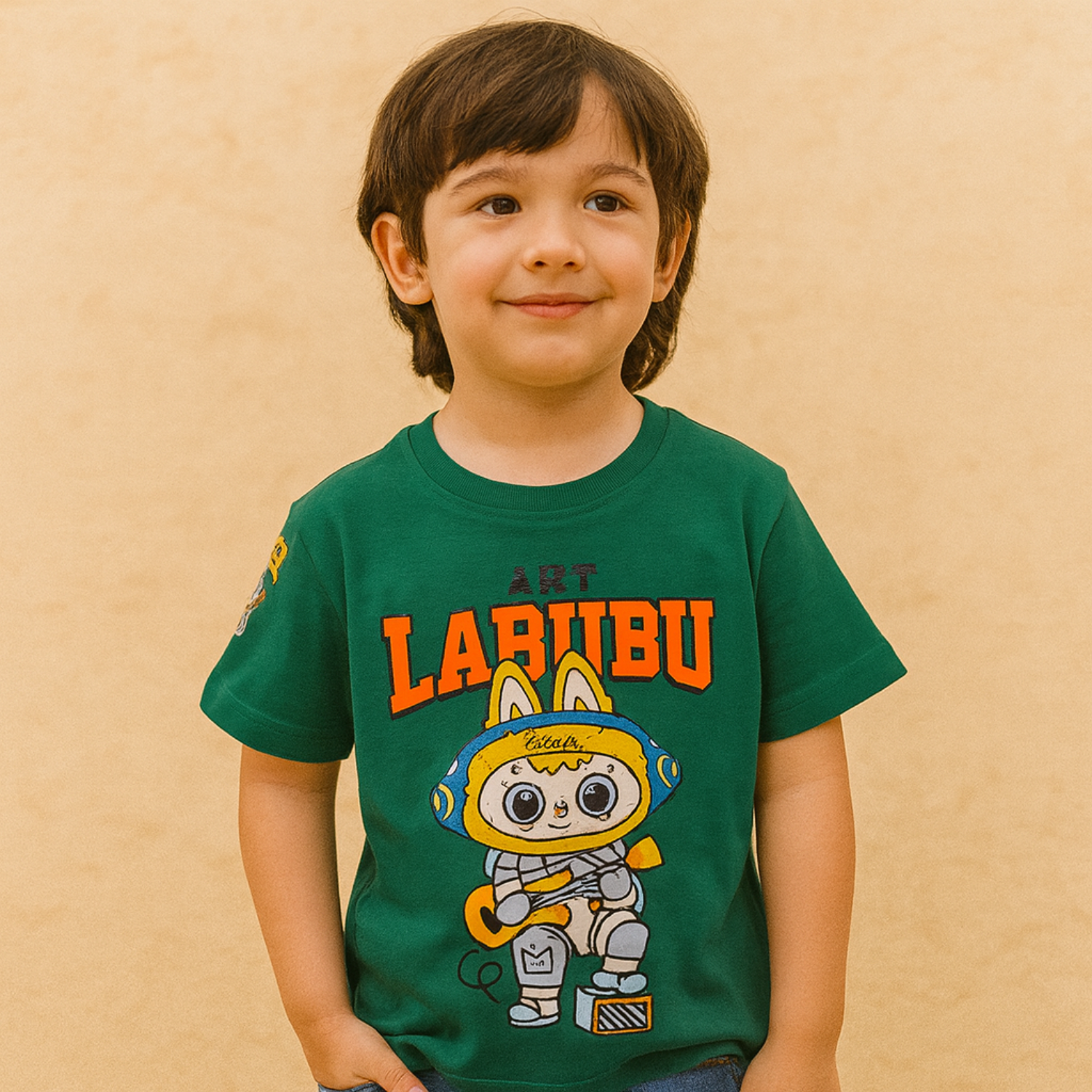 Smile Baby Boys’ "Art Labubu" Cartoon Graphic T-Shirt – 4 to 12 Years – B.Green, Blue, Brown & Red