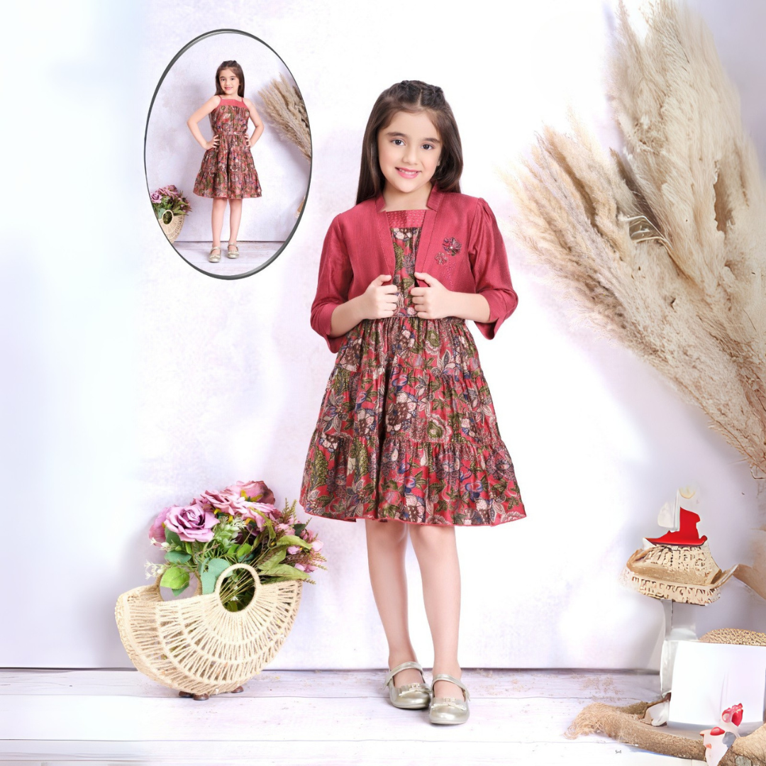 Tiny Baby Maroon Floral Printed Frock With Waist Coat For Girls