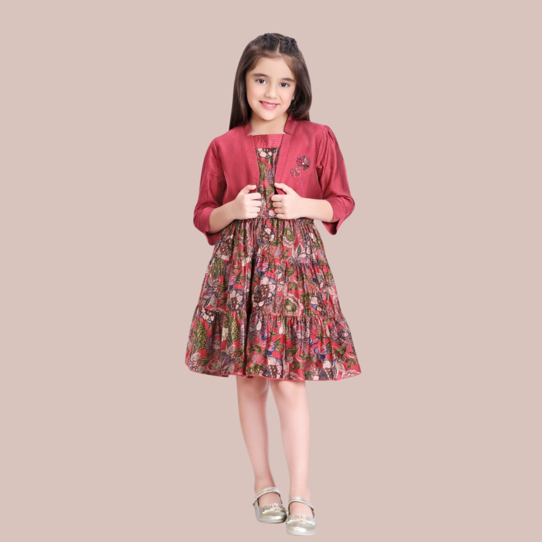 Tiny Baby Maroon Floral Printed Frock With Waist Coat For Girls
