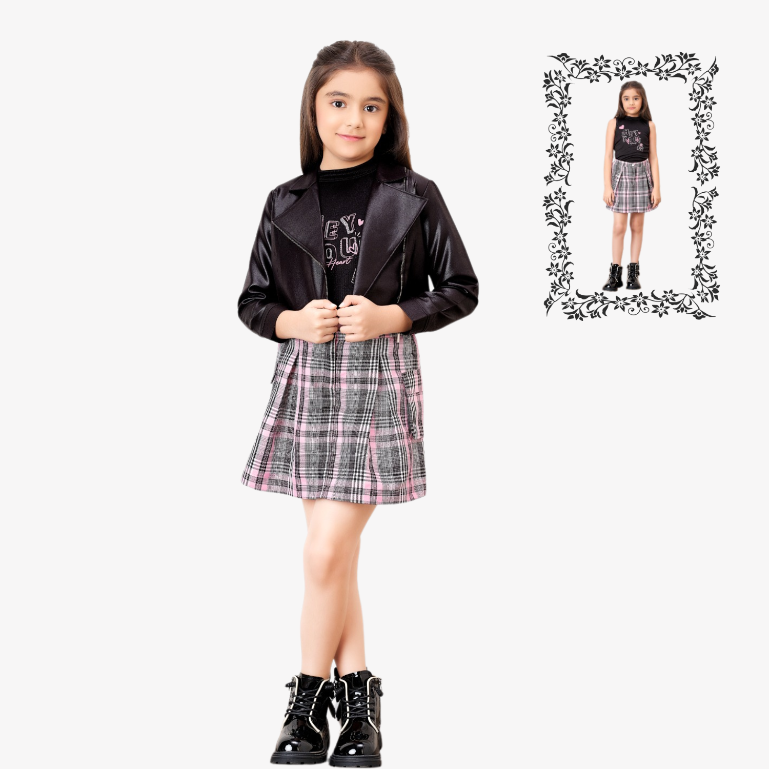 Tiny Baby Girls Black Jacket & Pink Check Skirt Set – Trendy Party Wear Outfit (2–12 Years)