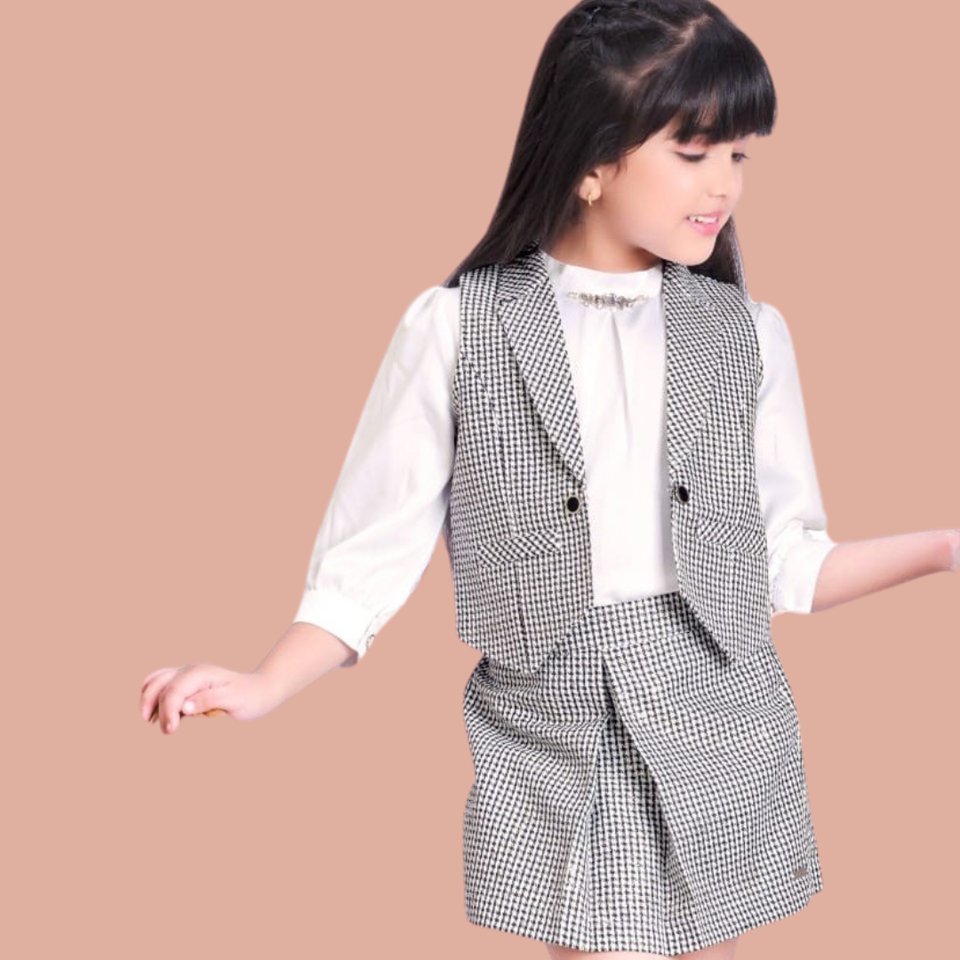 Tiny Baby White with Black Printed and Zari work Top and Overcoat with Divider Skirt for Girls