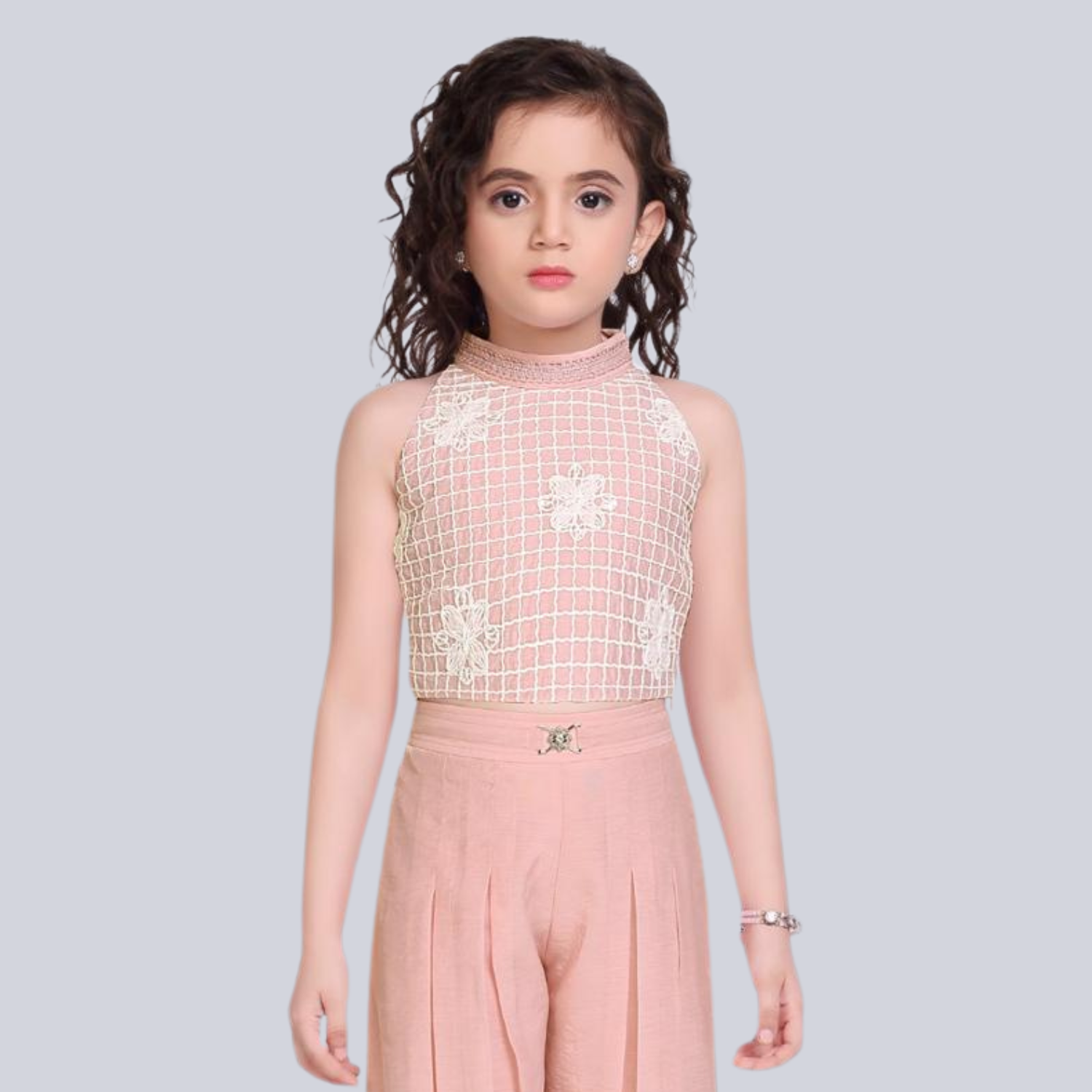 AIR GIRLS Girls 2-Piece Set – Pink Designer Top with Plazo