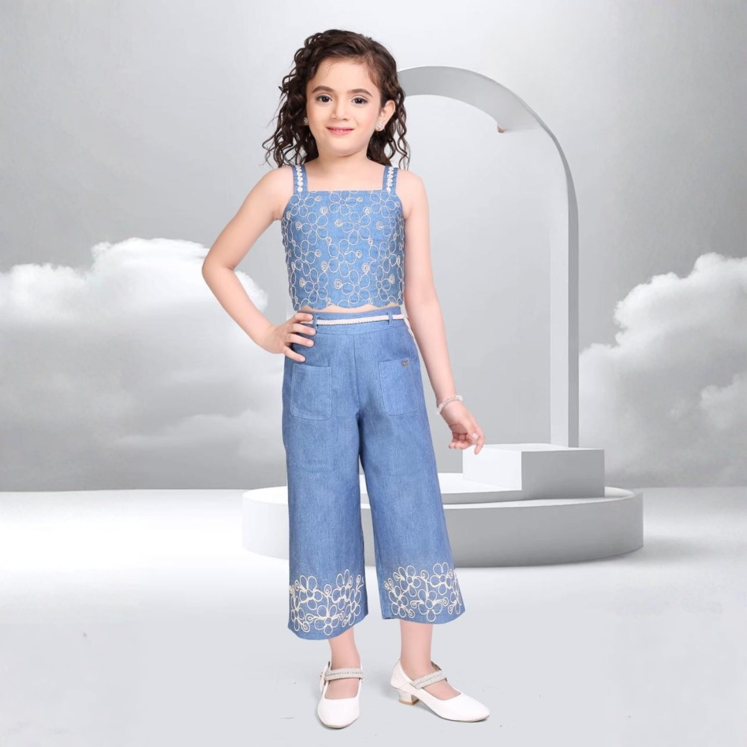 Air Girl Denim Embroidered Crop Top & Palazzo Set for Girls (1–12 Years)