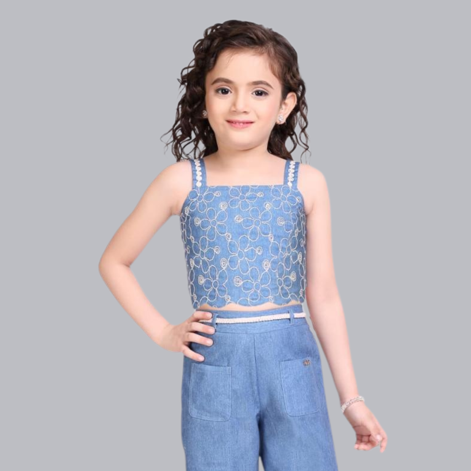 Air Girl Denim Embroidered Crop Top & Palazzo Set for Girls (1–12 Years)