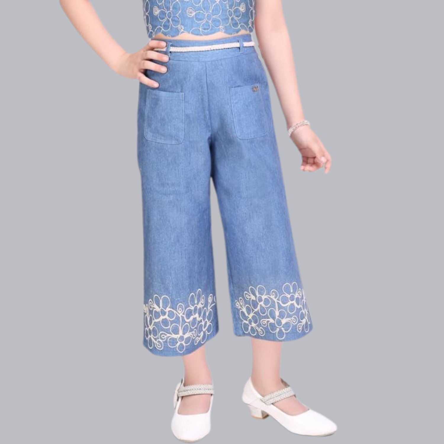 Air Girl Denim Embroidered Crop Top & Palazzo Set for Girls (1–12 Years)