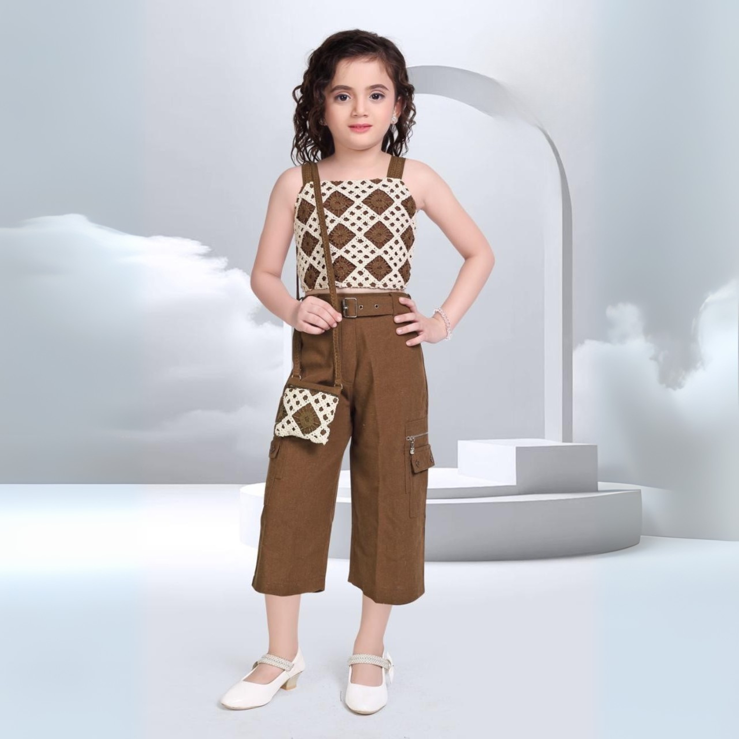 AIR GIRLS Girls 2-Piece Set – Brown & White Top with Plazo & Bag