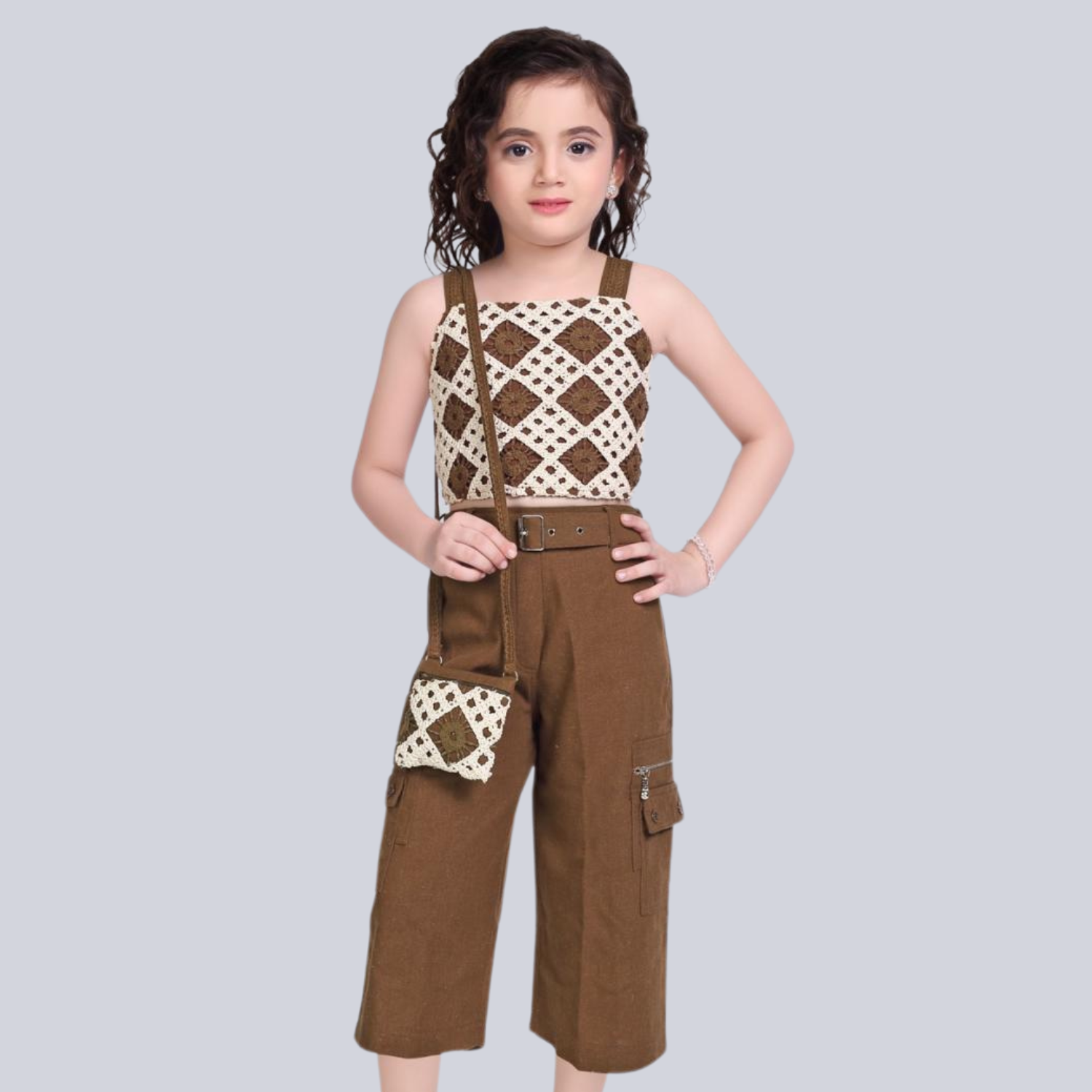 AIR GIRLS Girls 2-Piece Set – Brown & White Top with Plazo & Bag