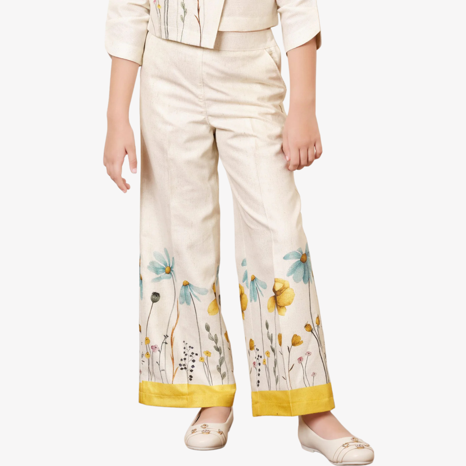 Tiny Baby Girls Beige Co-ord Set with Multicolor Digital Floral Print & Zari Weaving – Elegant Festive Wear (4–12 Years)