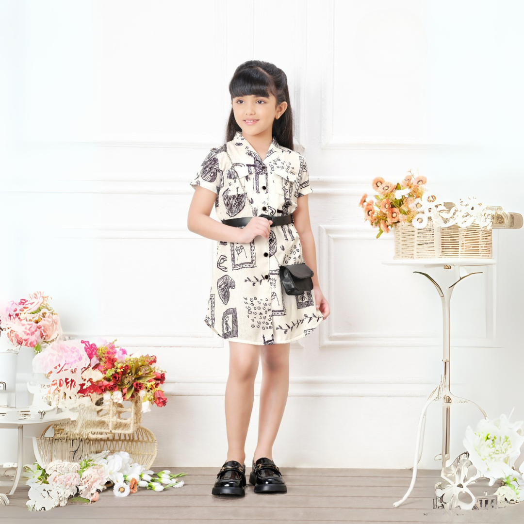 Tiny Baby White Digital Print Casual Short Frock with Bag and Belt