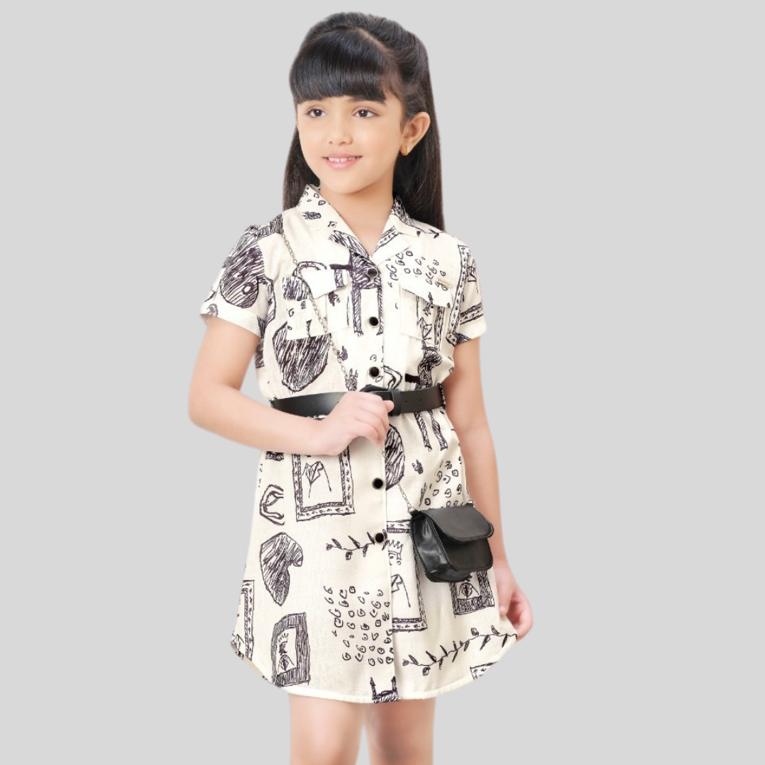 Tiny Baby White Digital Print Casual Short Frock with Bag and Belt