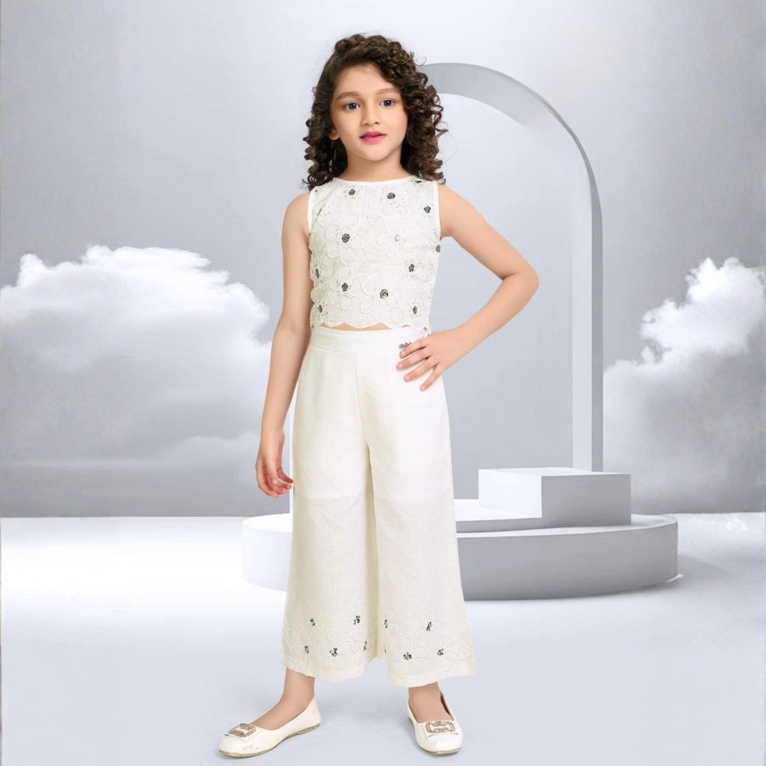 Air Girl Cream Embroidered Crop Top & Palazzo Set for Girls (4–12 Years)