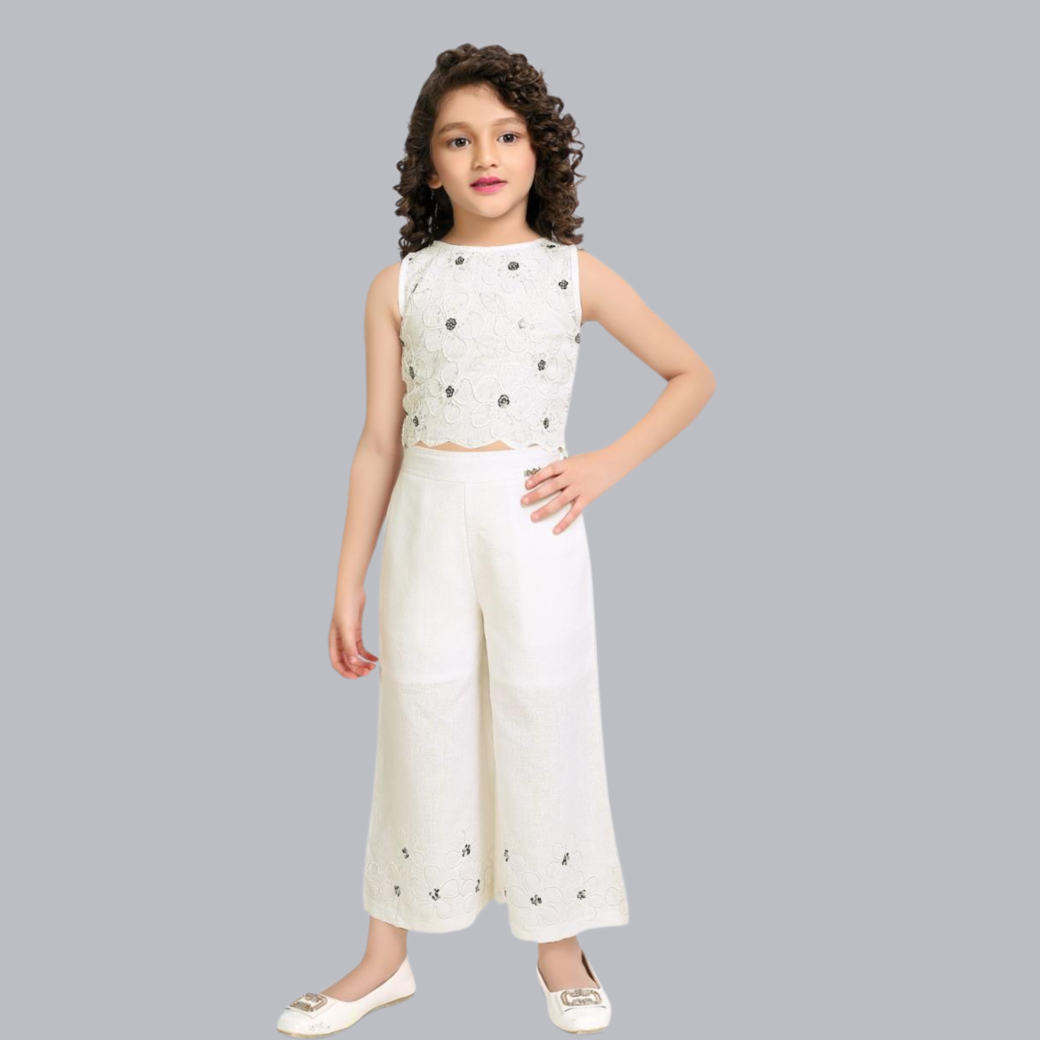 Air Girl Cream Embroidered Crop Top & Palazzo Set for Girls (4–12 Years)