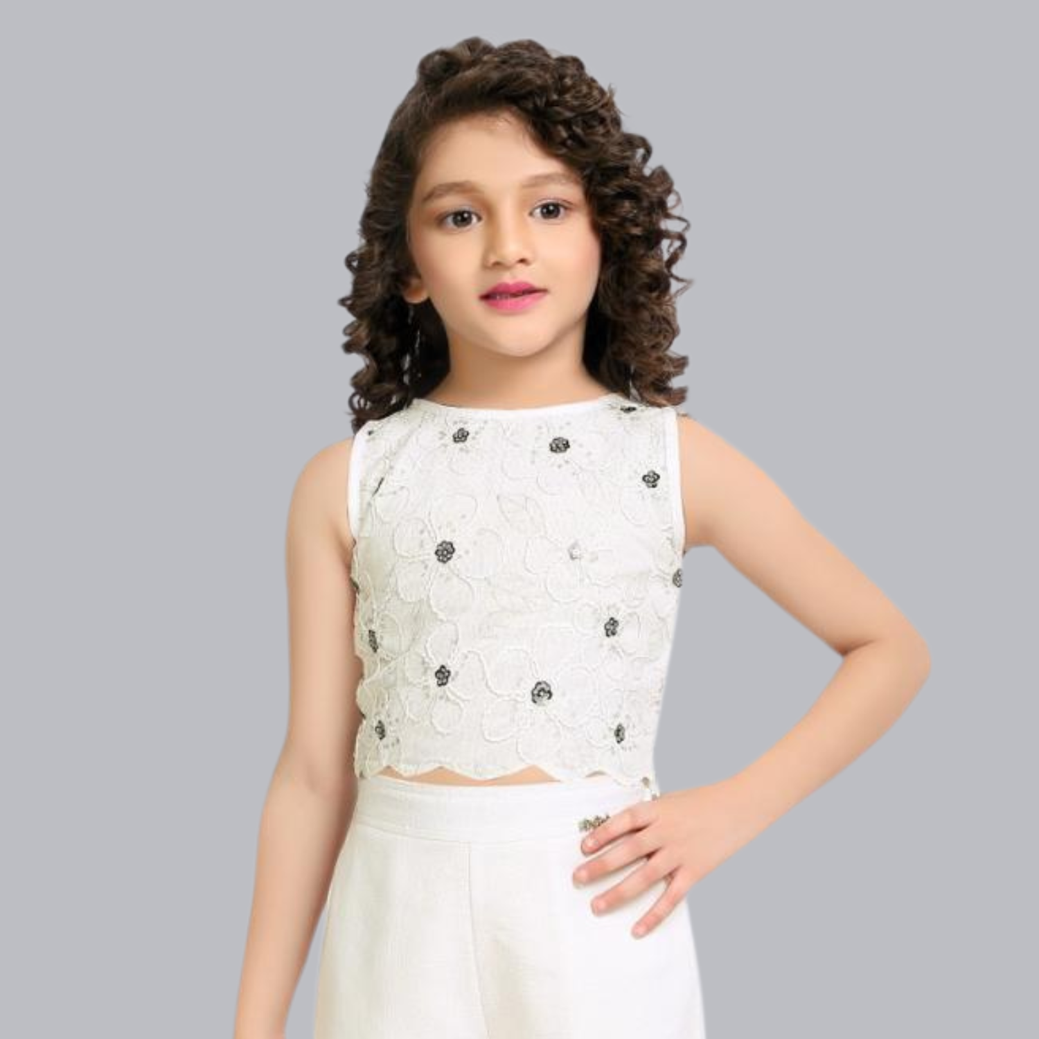 Air Girl Cream Embroidered Crop Top & Palazzo Set for Girls (4–12 Years)