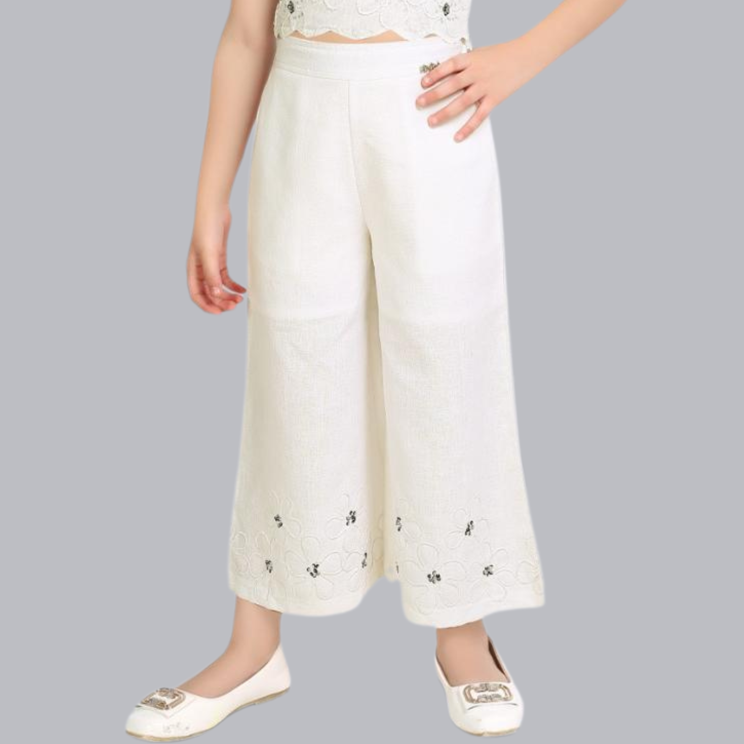 Air Girl Cream Embroidered Crop Top & Palazzo Set for Girls (4–12 Years)