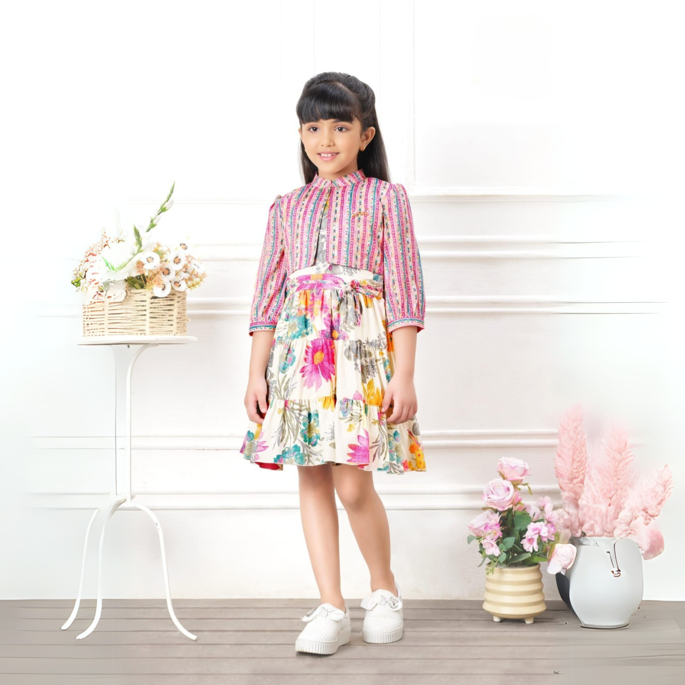 Tiny Baby Girls Floral Printed Linen Fit & Flare Dress Pink