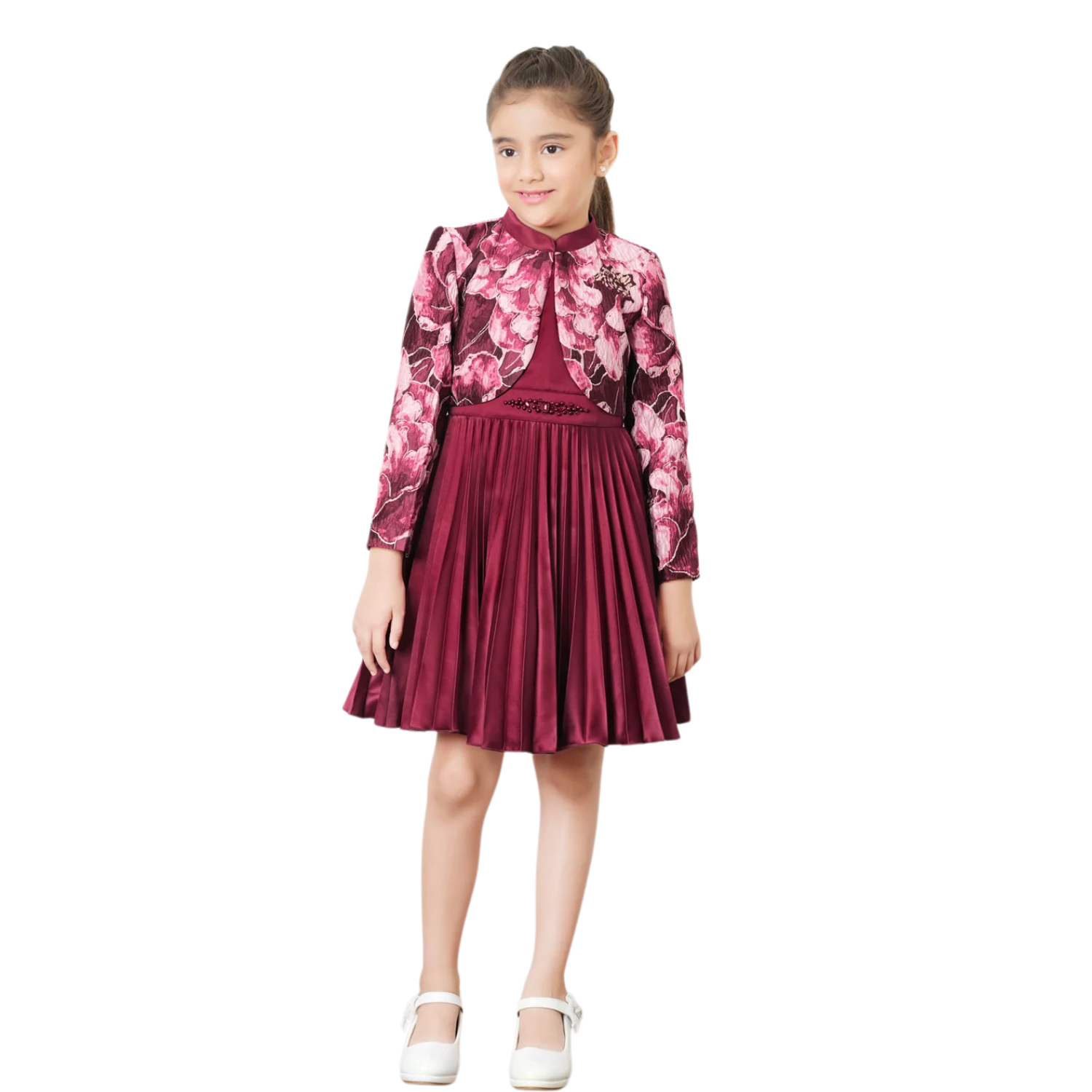 Tiny Baby Maroon Party Dress with Floral Jacket – Satin & Jacquard Girls Outfit