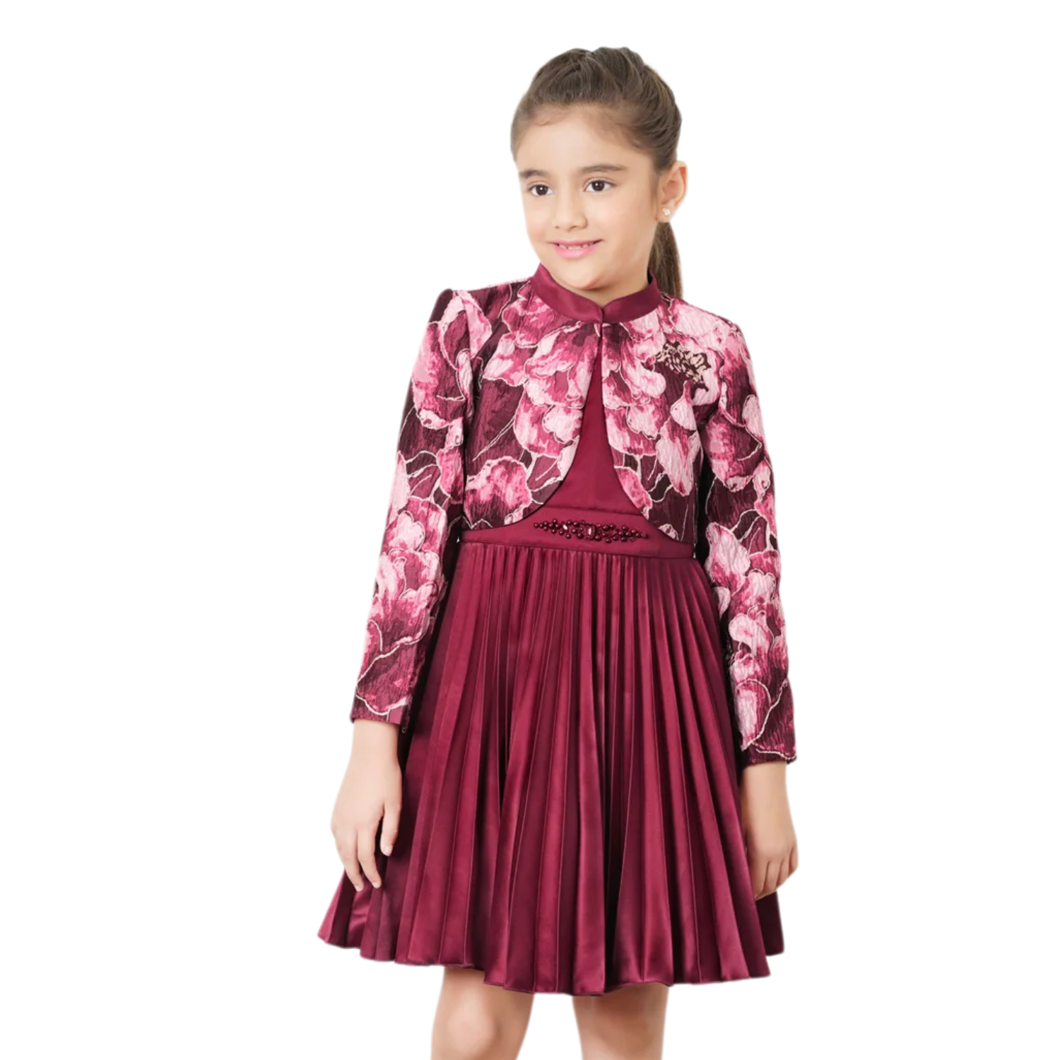 Tiny Baby Maroon Party Dress with Floral Jacket – Satin & Jacquard Girls Outfit