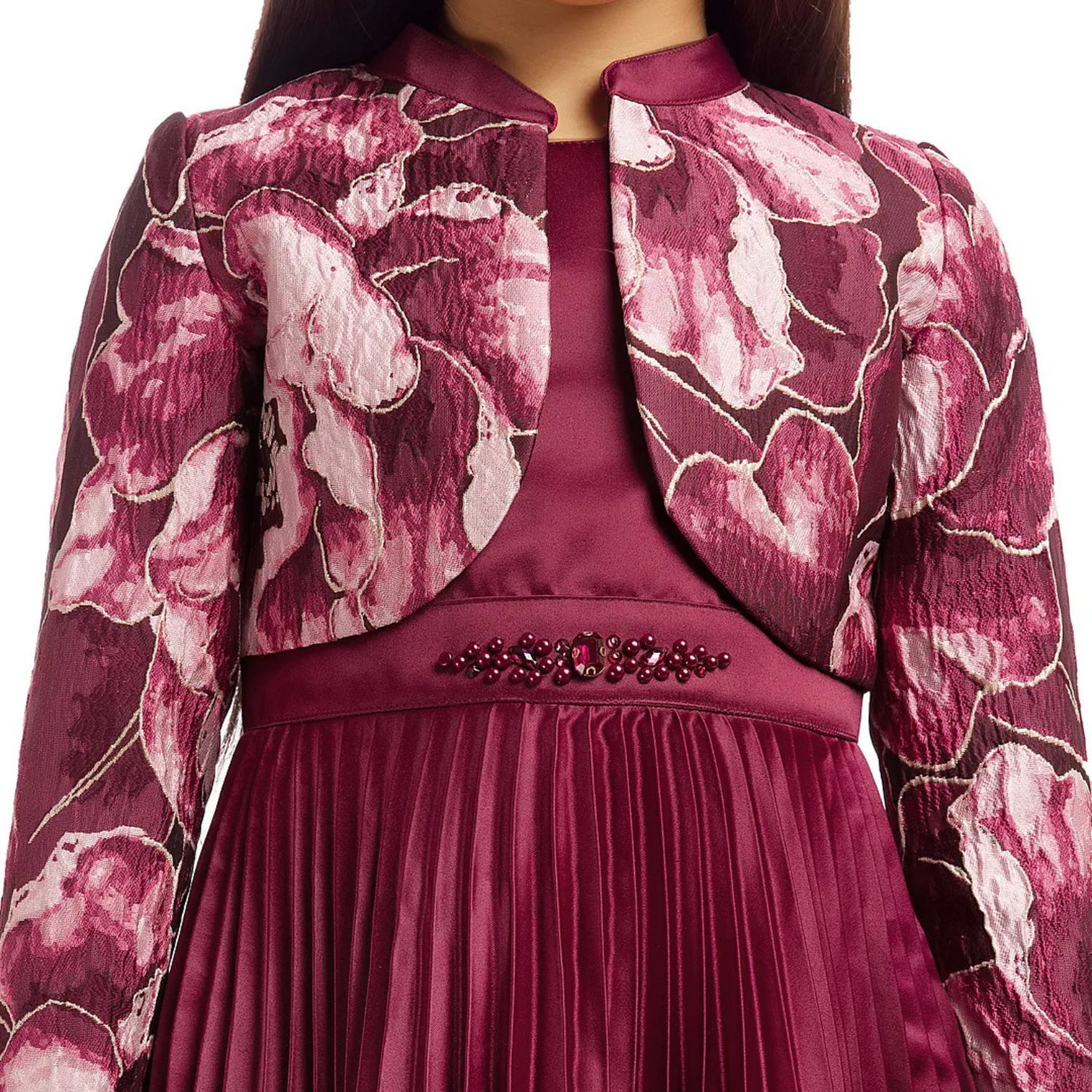 Tiny Baby Maroon Party Dress with Floral Jacket – Satin & Jacquard Girls Outfit