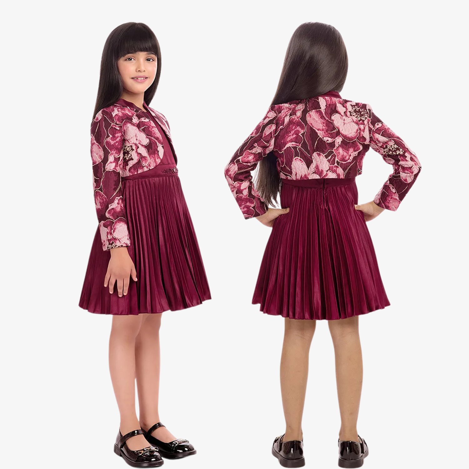 Tiny Baby Maroon Party Dress with Floral Jacket – Satin & Jacquard Girls Outfit