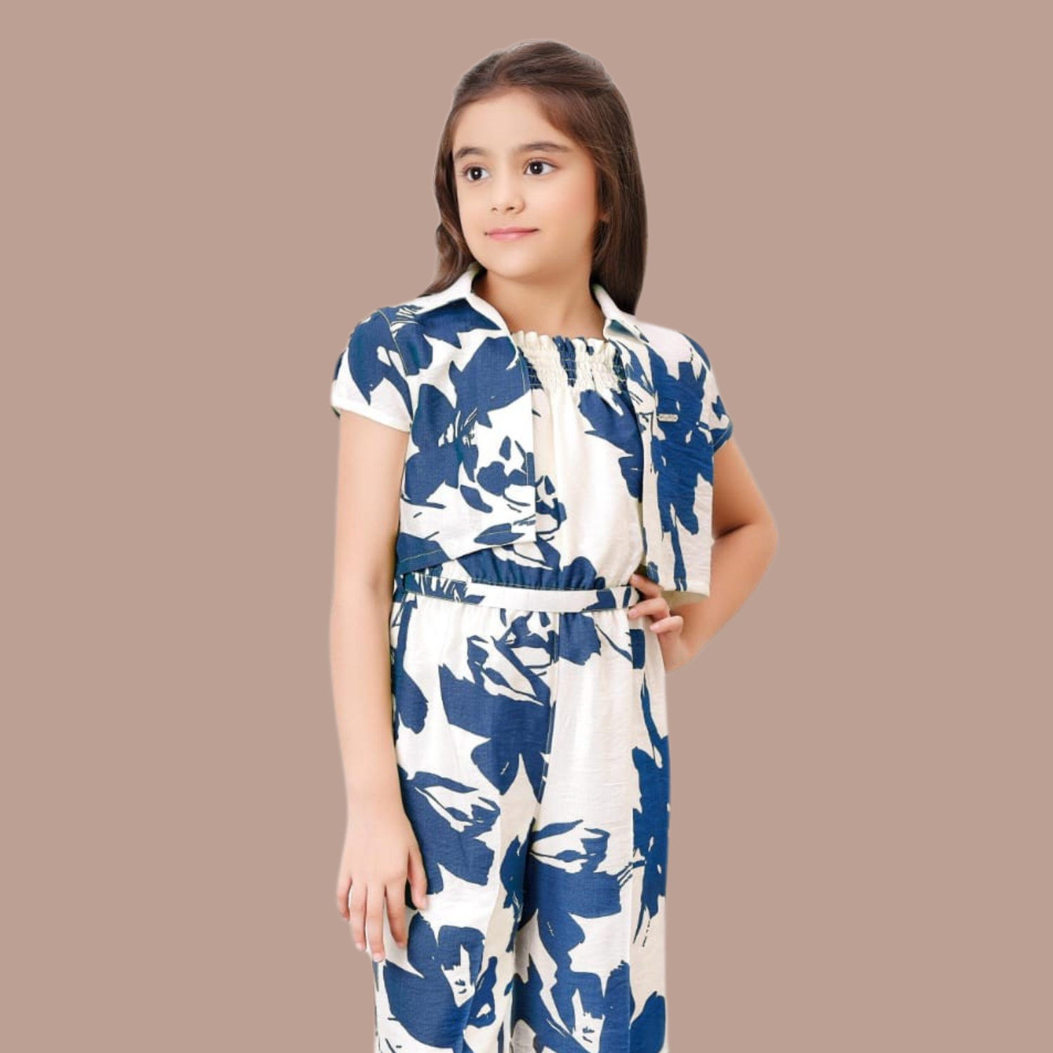 Tiny Baby Girls Blue & White Leaf Print Shrug Top with Jumpsuit – Stylish Summer Outfit (4–12 Years)