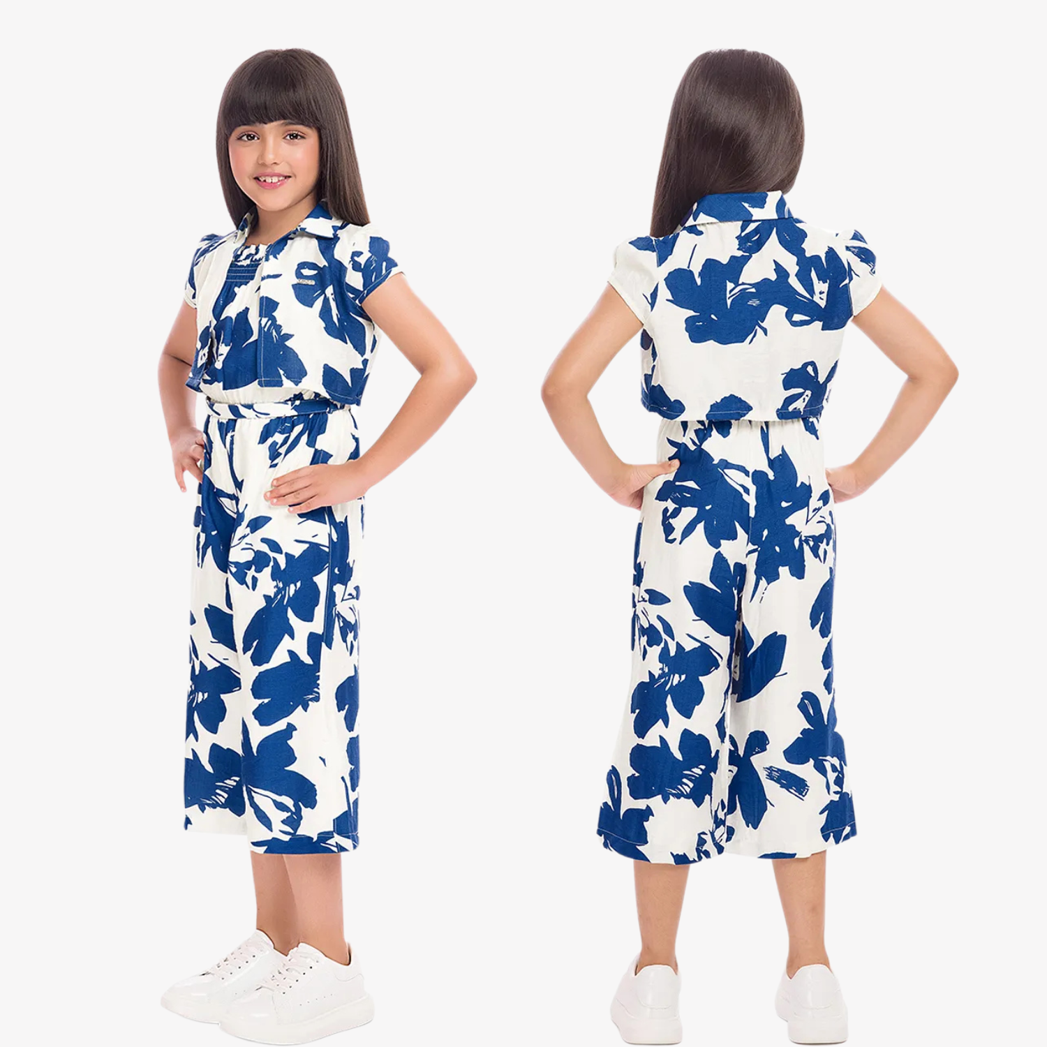 Tiny Baby Girls Blue & White Leaf Print Shrug Top with Jumpsuit – Stylish Summer Outfit (4–12 Years)