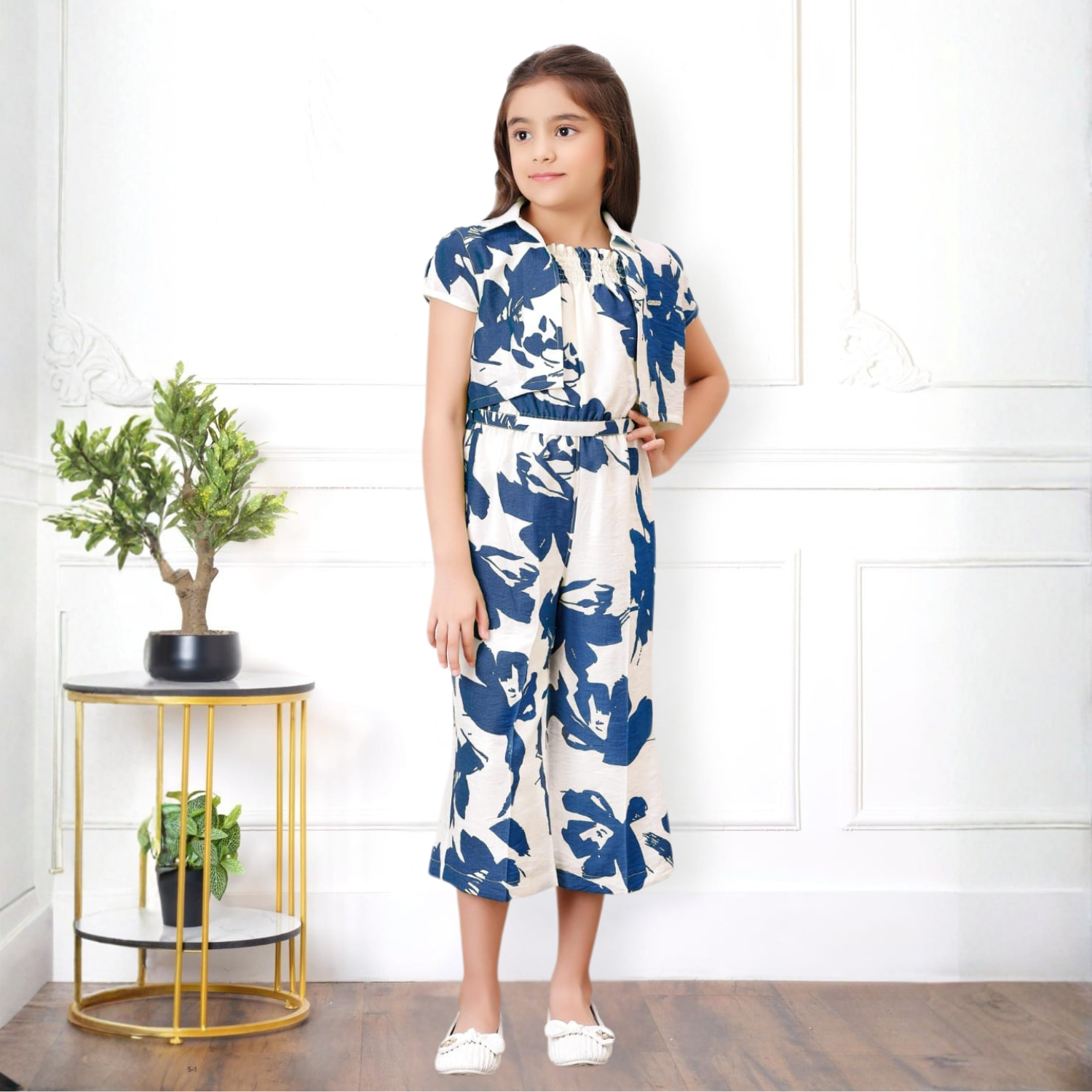 Tiny Baby Girls Blue & White Leaf Print Shrug Top with Jumpsuit – Stylish Summer Outfit (4–12 Years)