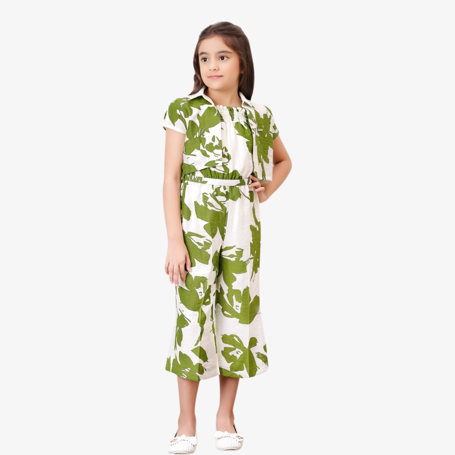 Tiny Baby Girls Green & White Leaf Print Shrug Top with Jumpsuit – Stylish Summer Outfit (4–12 Years)