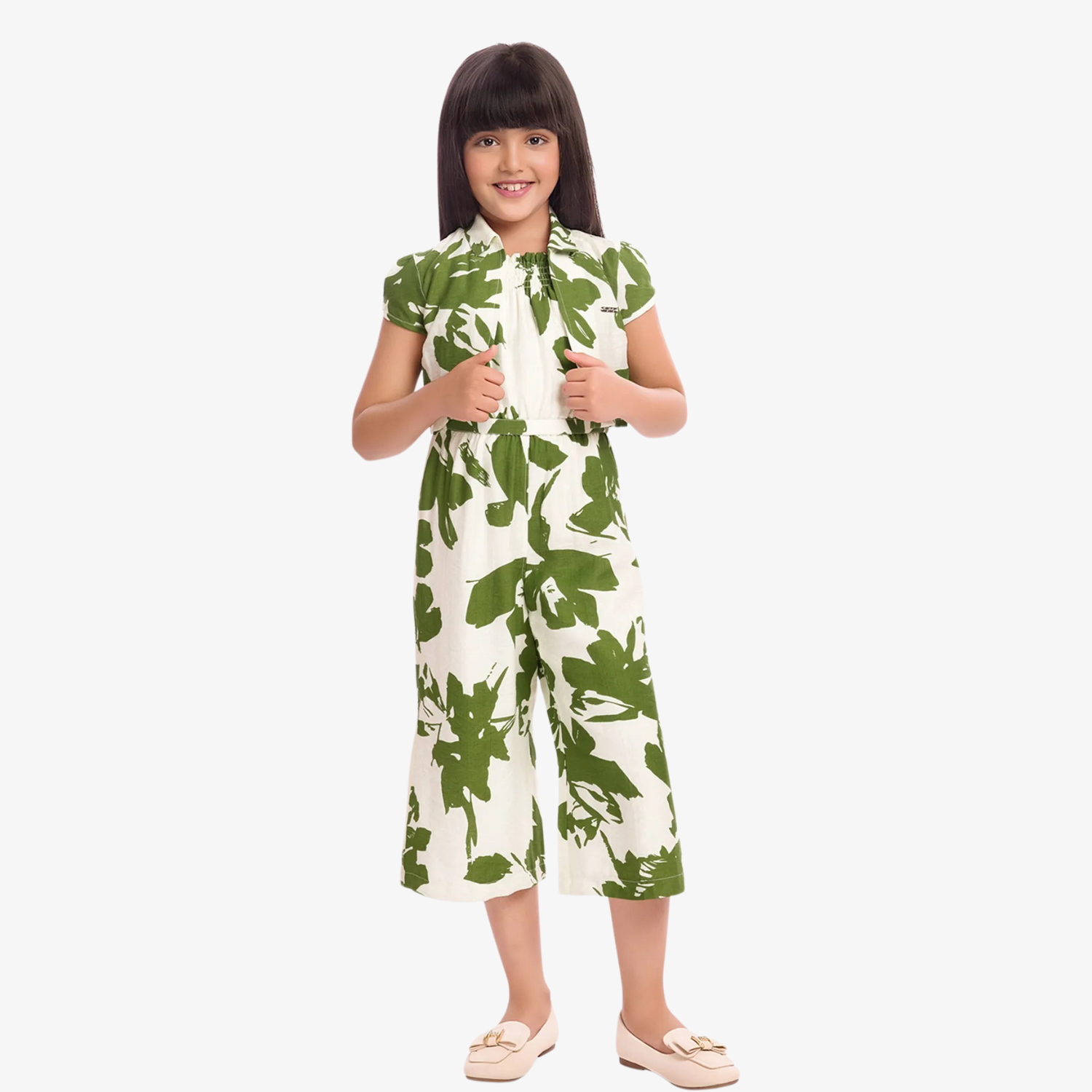 Tiny Baby Girls Green & White Leaf Print Shrug Top with Jumpsuit – Stylish Summer Outfit (4–12 Years)