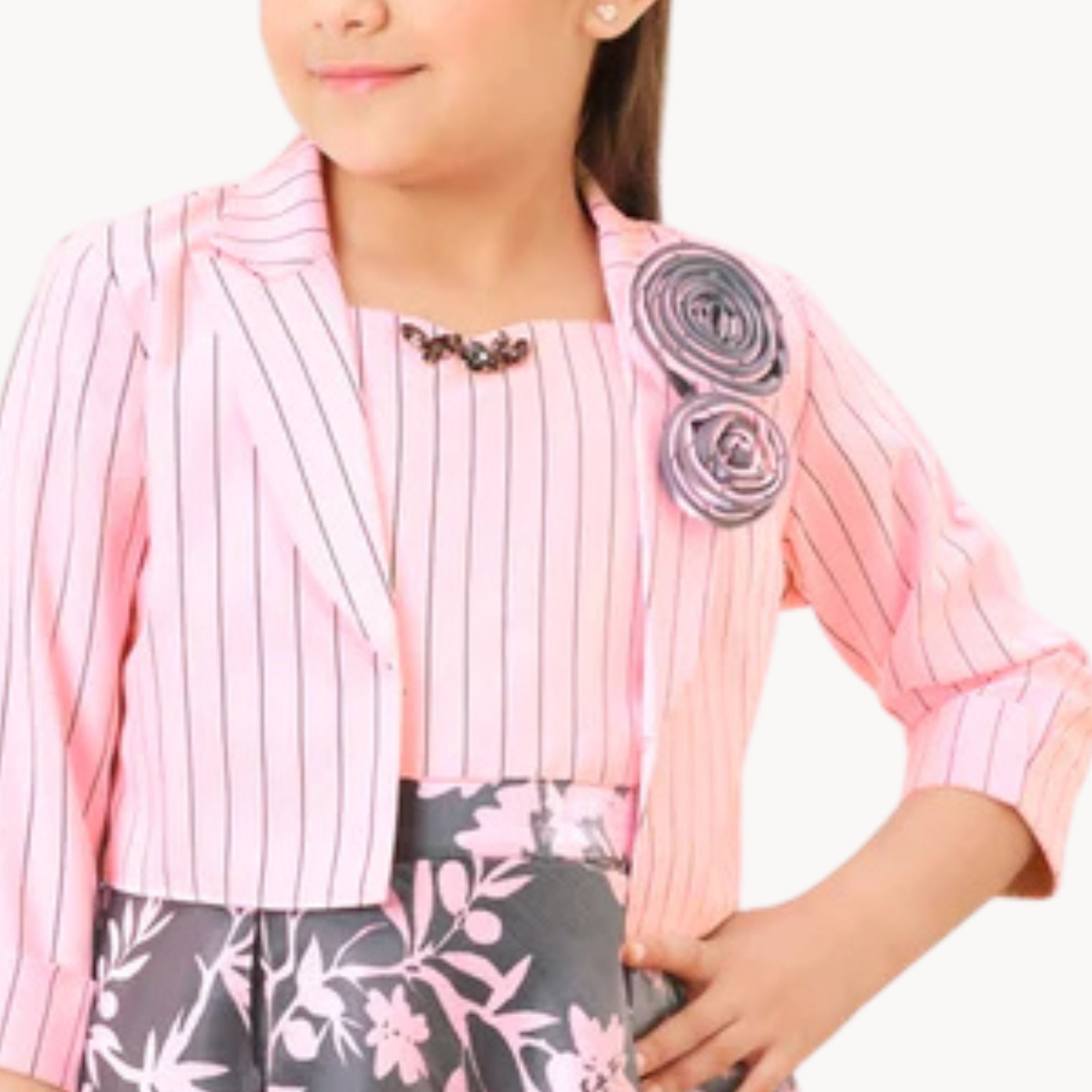 Tiny Baby Girls’ White & Pink Striped & Floral Party Dress with Jacket – Elegant Outfit for Ages 2–10 Years