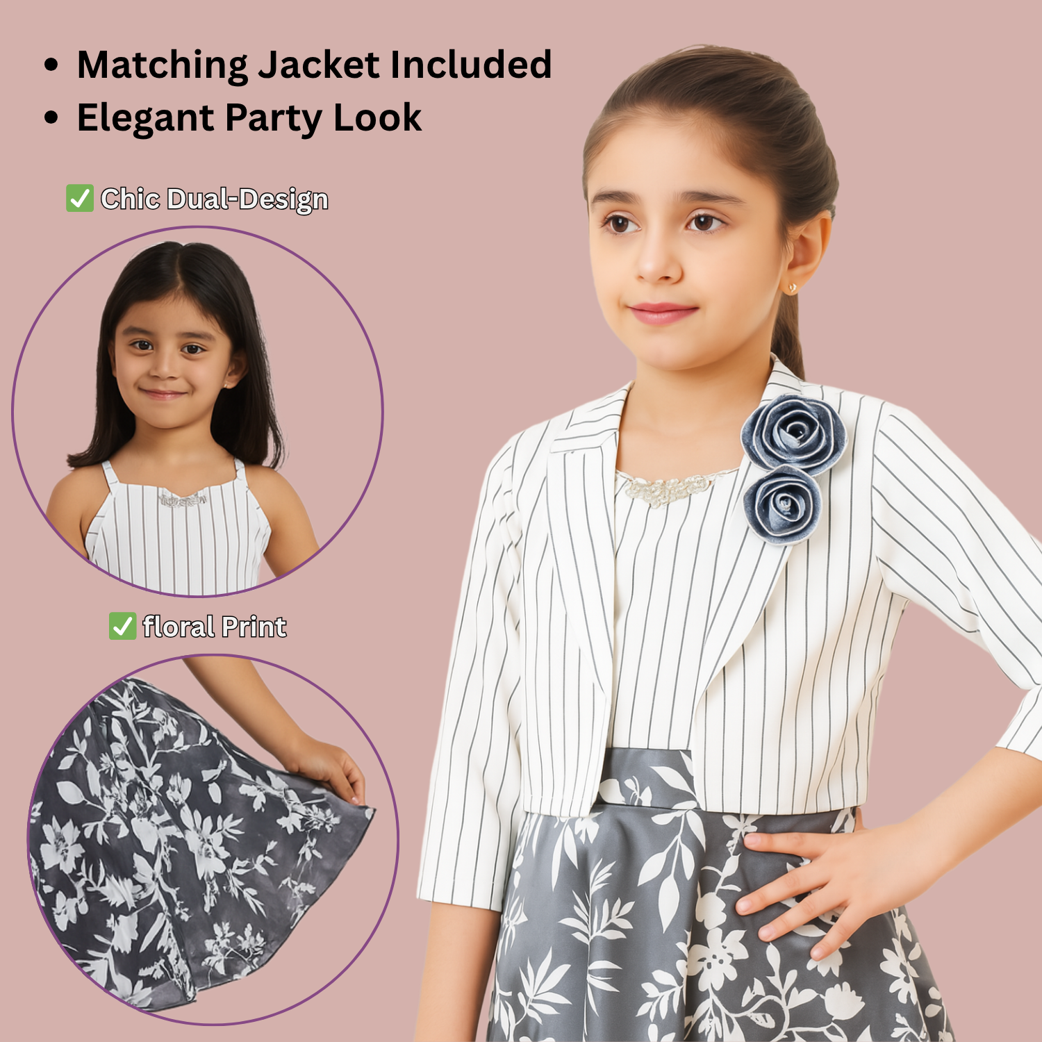 Tiny Baby Girls’ White & Pink Striped & Floral Party Dress with Jacket – Elegant Outfit for Ages 2–10 Years