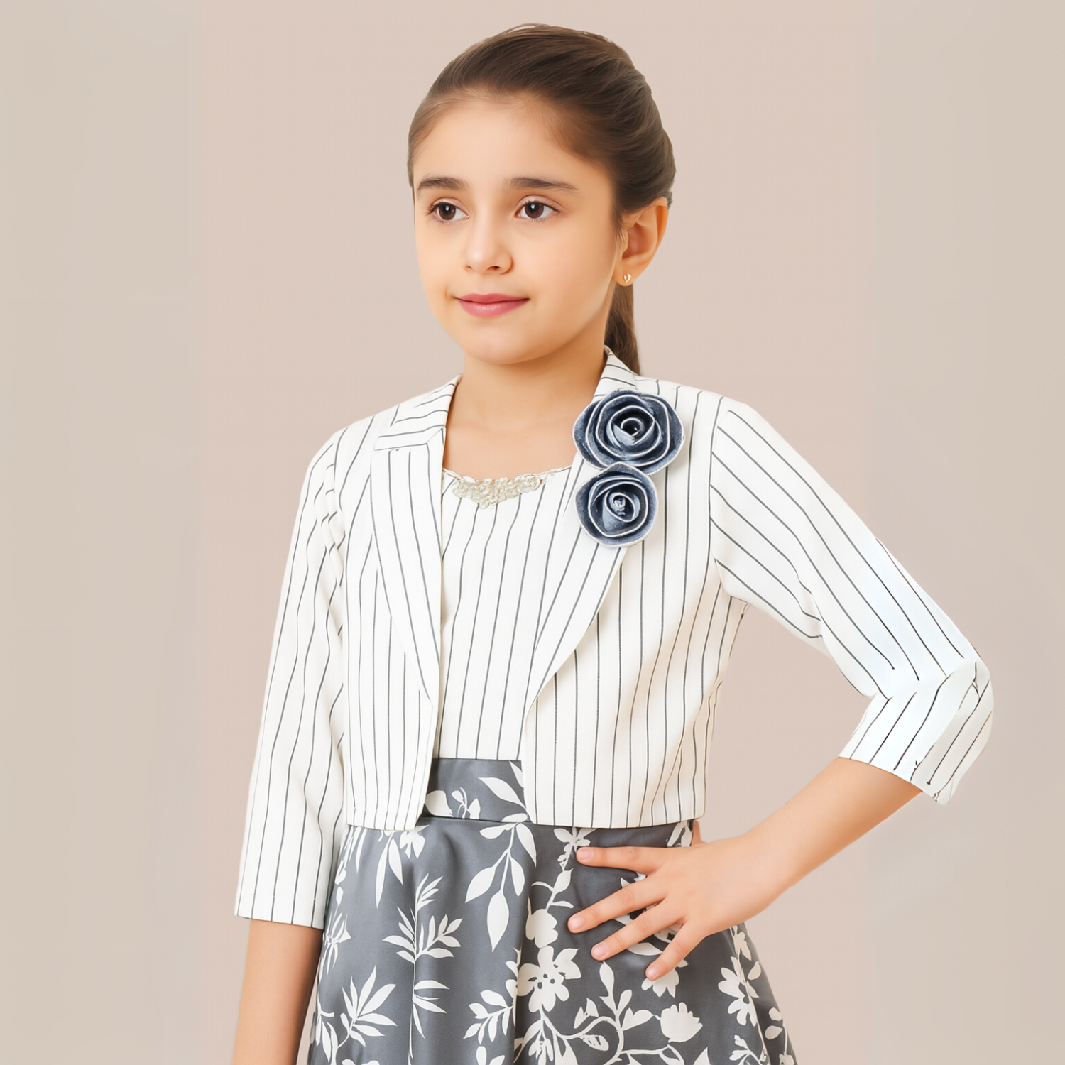 Tiny Baby Girls’ White & Pink Striped & Floral Party Dress with Jacket – Elegant Outfit for Ages 2–10 Years