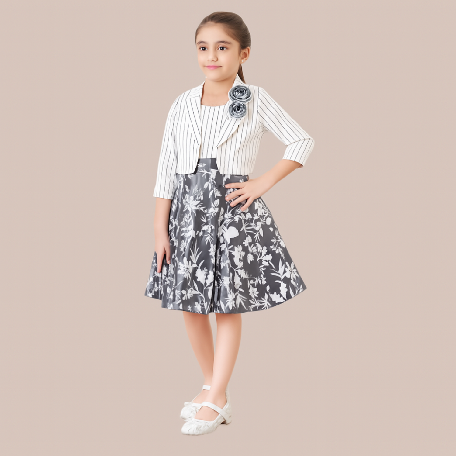 Tiny Baby Girls’ White & Pink Striped & Floral Party Dress with Jacket – Elegant Outfit for Ages 2–10 Years