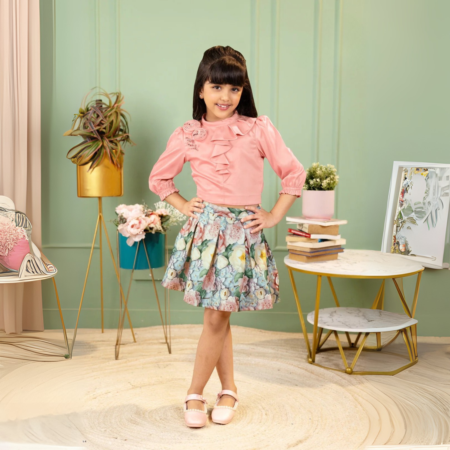 Tiny Baby Peach Party Skirt Set for Girls – Satin Top & Floral Skirt