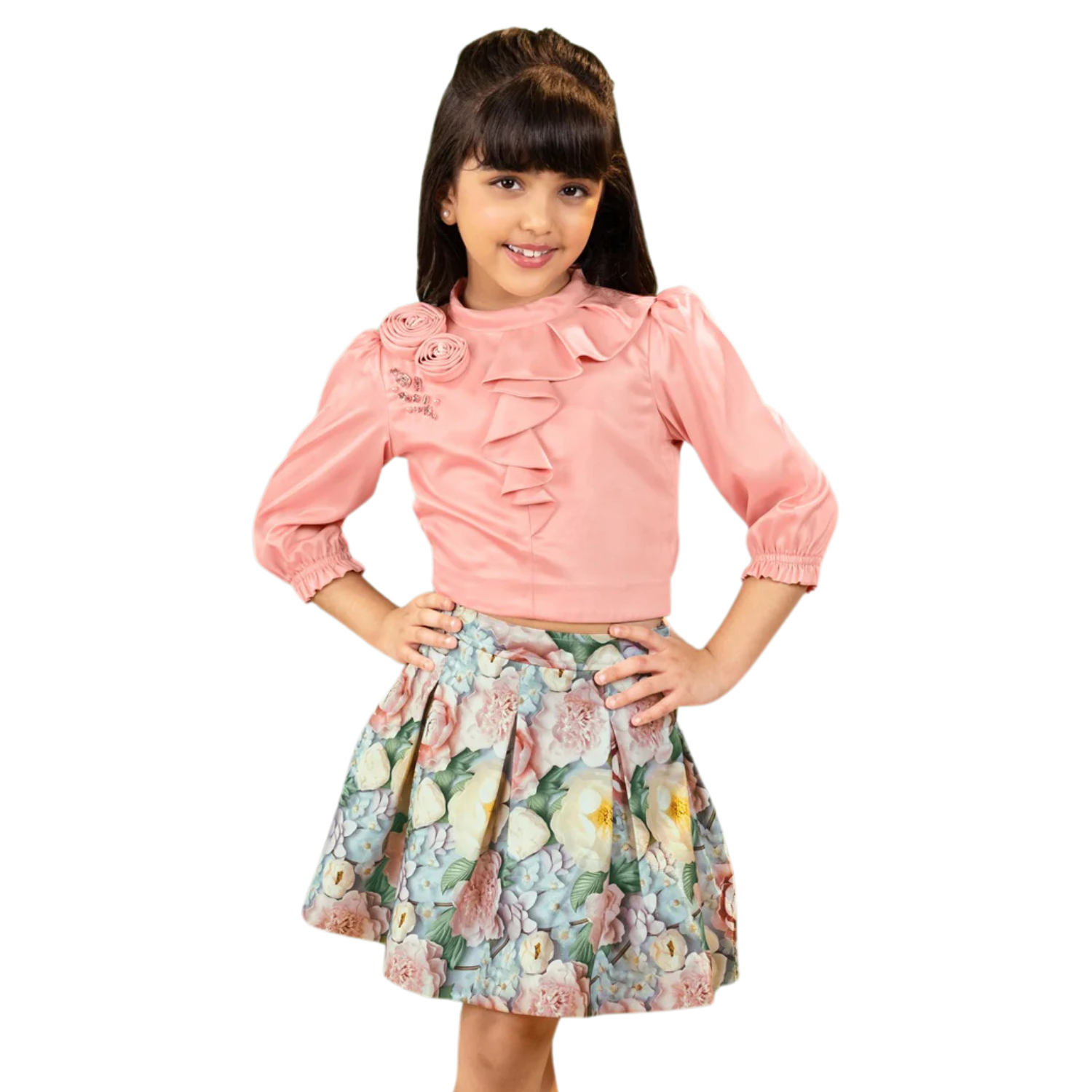 Tiny Baby Peach Party Skirt Set for Girls – Satin Top & Floral Skirt