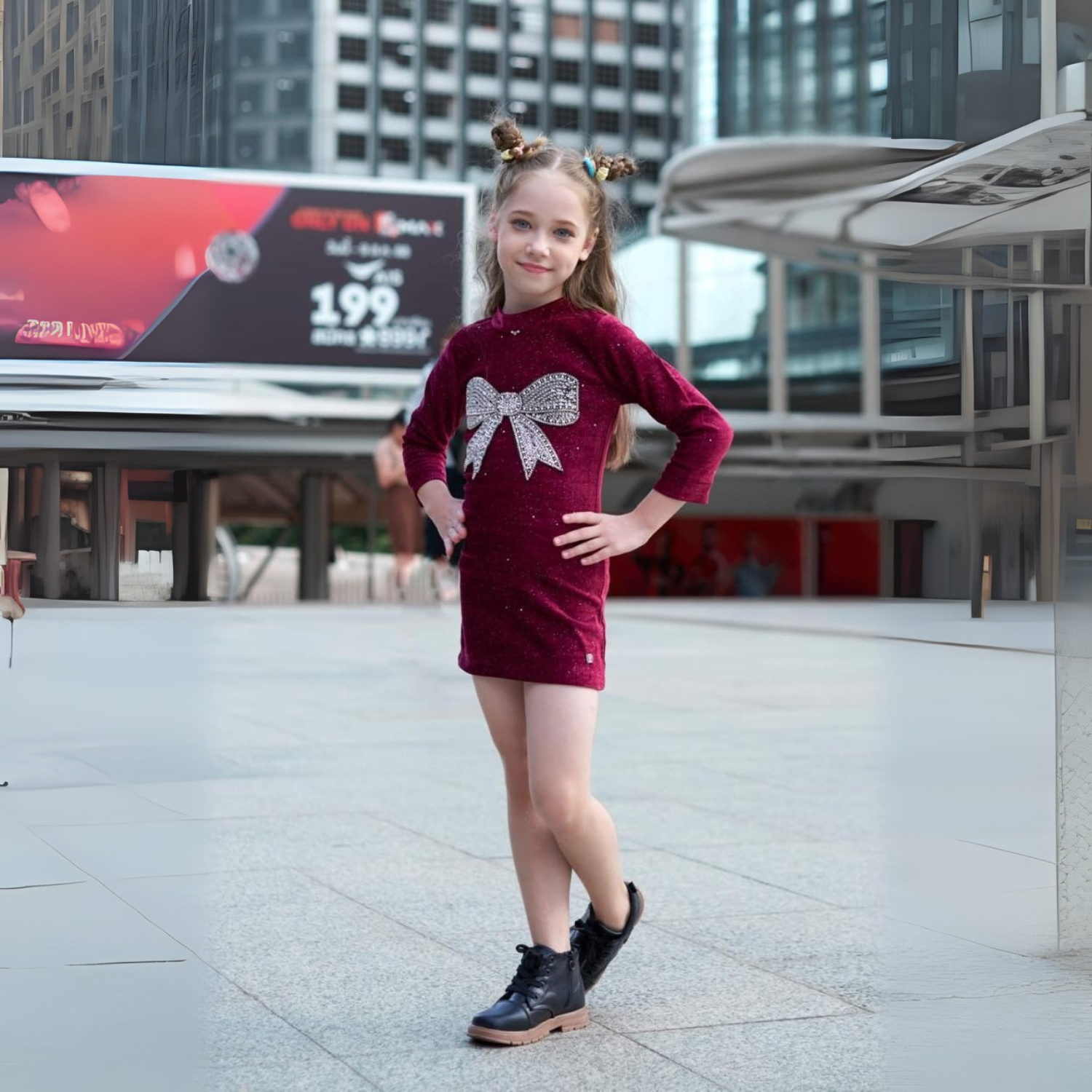 AIR GIRLS Girls Party Wear Bow Dress – Sparkle Design (Cream, Pink & Maroon)