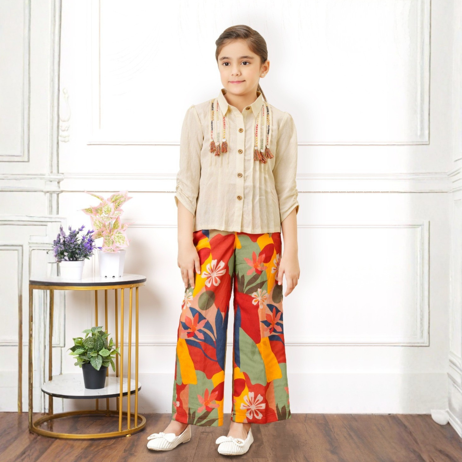 Tiny Baby Girls Beige Shirt & Multicolor Floral Palazzo Set – Trendy Festive & Party Wear Outfit (4–12 Years)