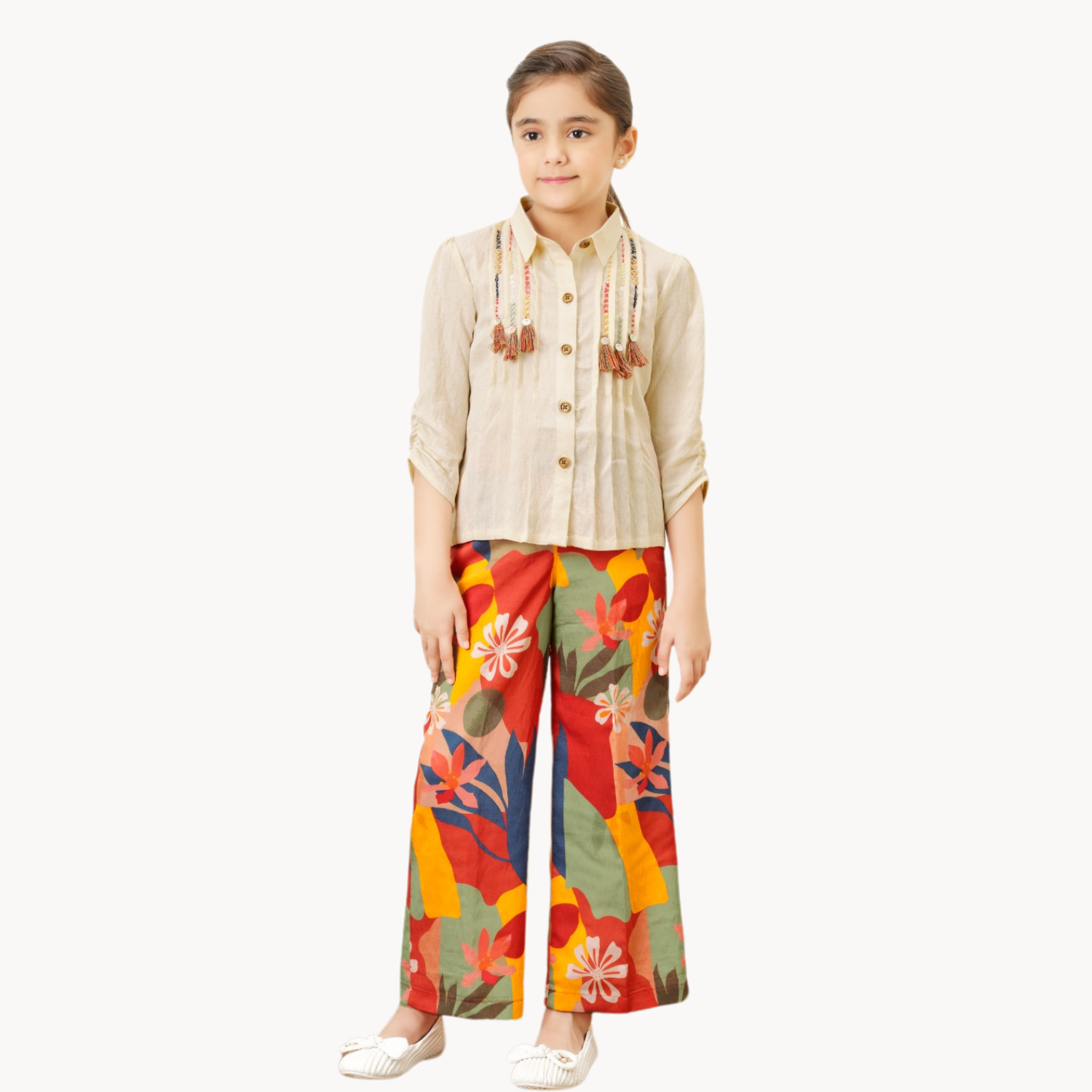 Tiny Baby Girls Beige Shirt & Multicolor Floral Palazzo Set – Trendy Festive & Party Wear Outfit (4–12 Years)