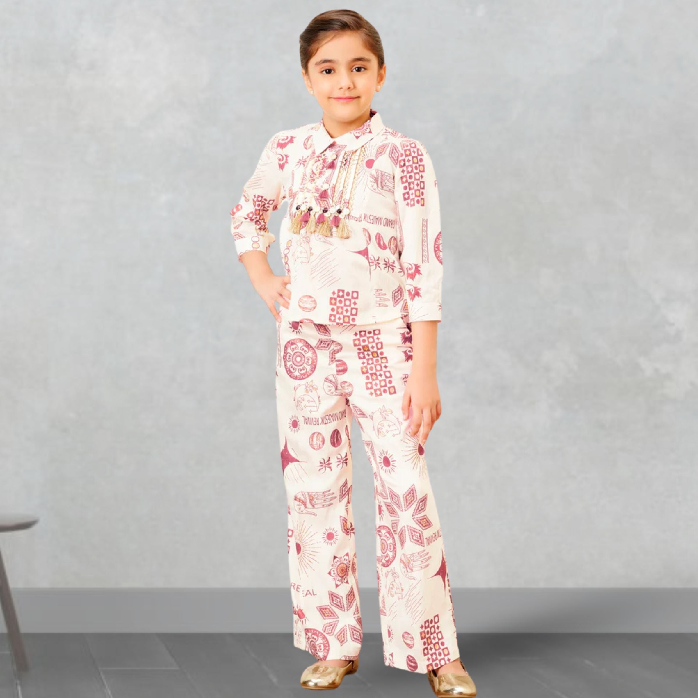 Tiny Baby Kids Printed Co-Ord Set | Stylish Outfit | Age 4–14 Years | Brown & Coral Rose Color