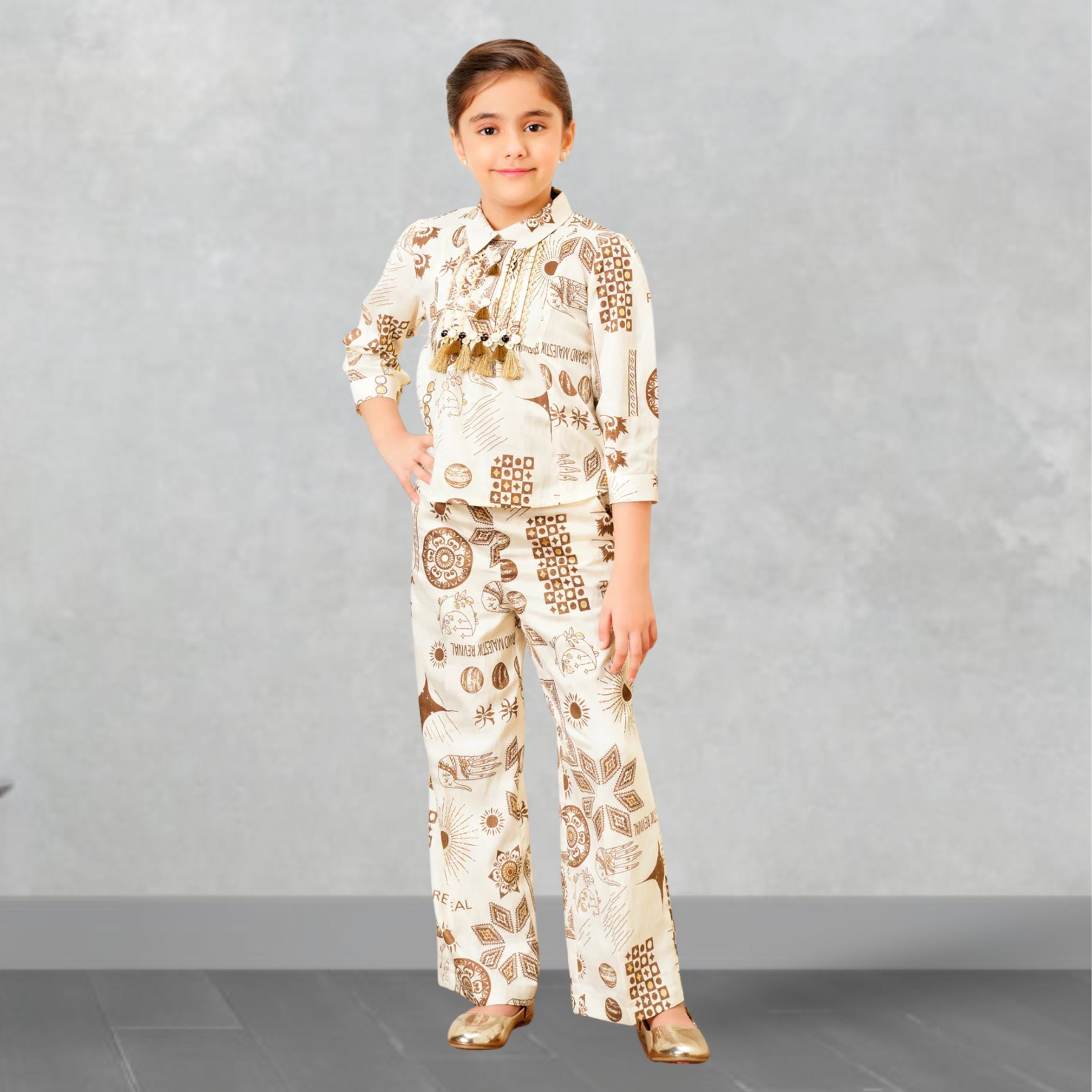 Tiny Baby Kids Printed Co-Ord Set | Stylish Outfit | Age 4–14 Years | Brown & Coral Rose Color