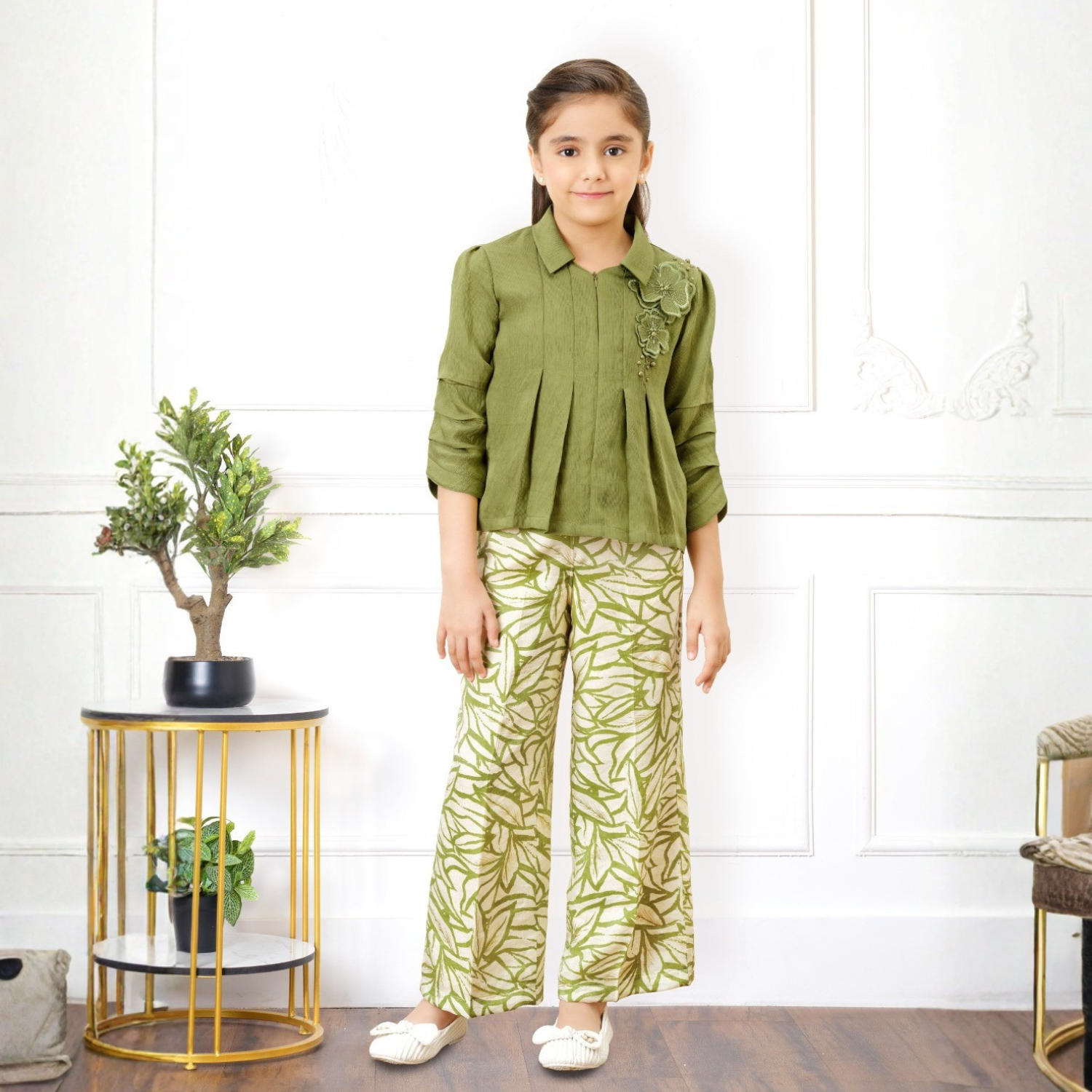 Tiny Baby Girls Olive Green Embroidered Co-ord Set with Printed Palazzo – Elegant Festive Wear (4–12 Years)