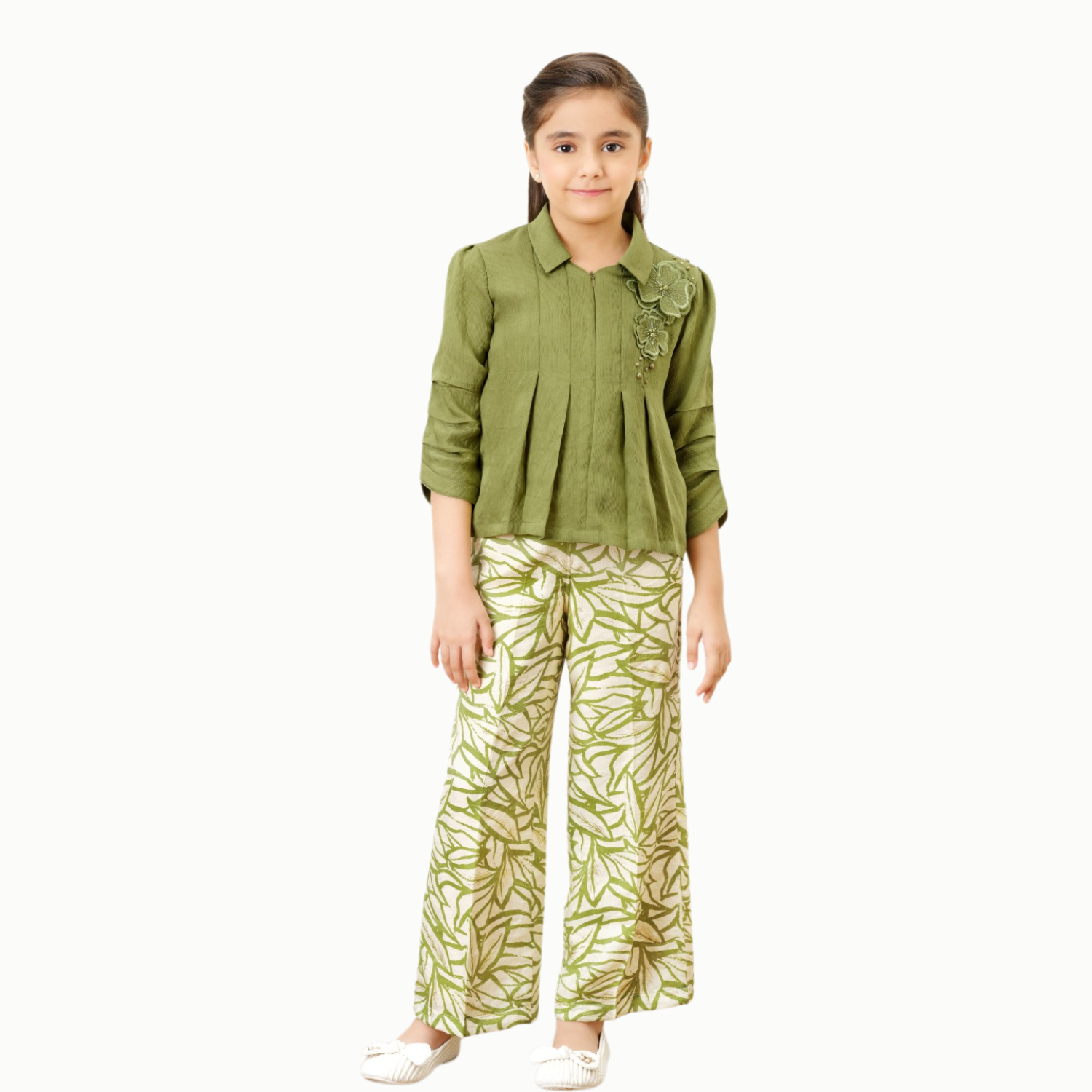 Tiny Baby Girls Olive Green Embroidered Co-ord Set with Printed Palazzo – Elegant Festive Wear (4–12 Years)