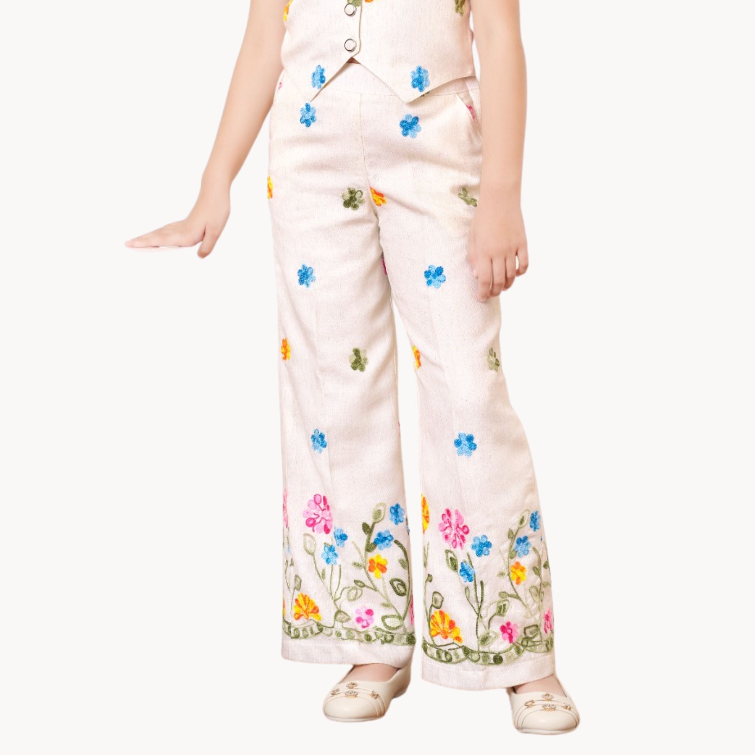 Tiny Baby Girls Cream Embroidered Halter Neck Top & Palazzo Set | Age 3–10 Years