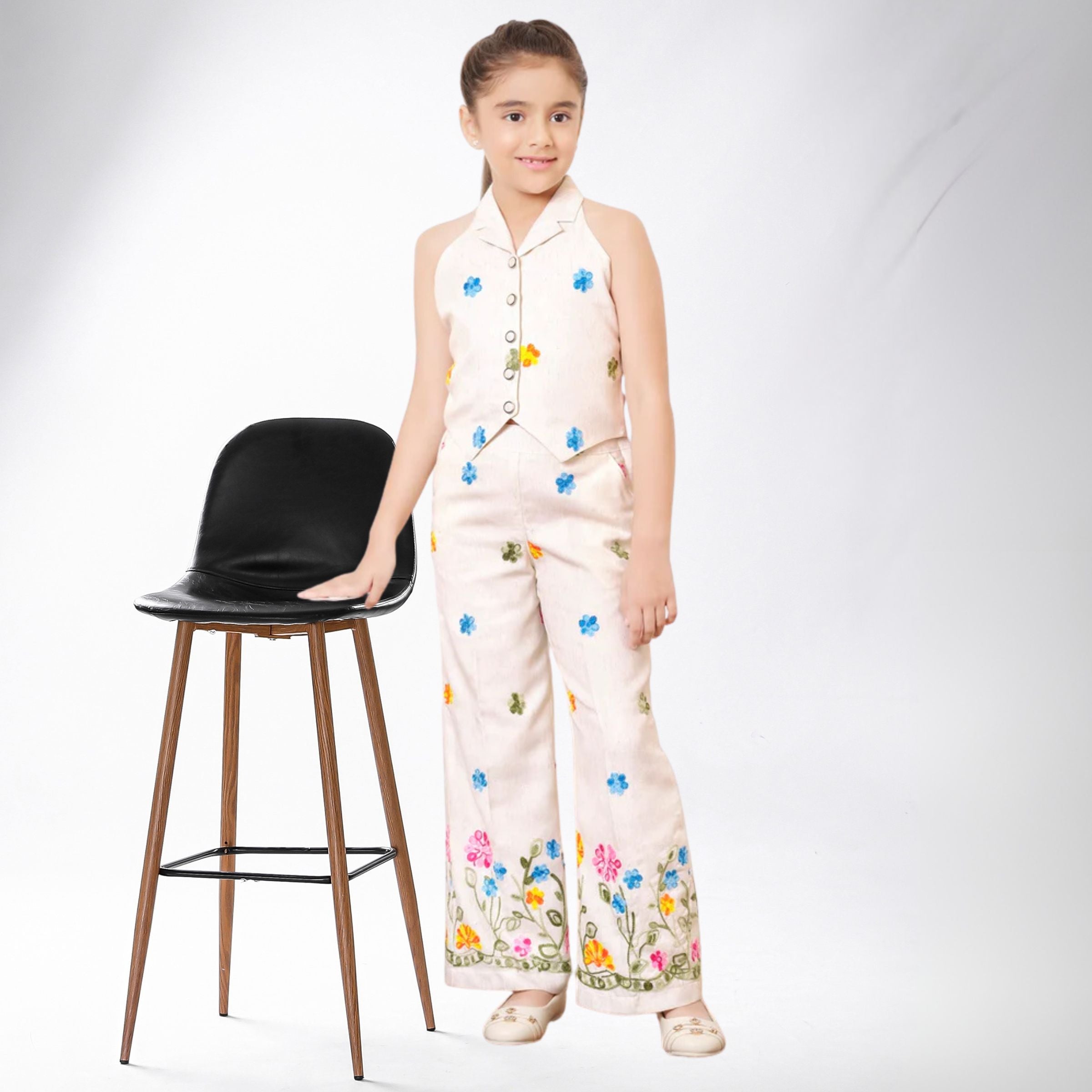 Tiny Baby Girls Cream Embroidered Halter Neck Top & Palazzo Set | Age 3–10 Years