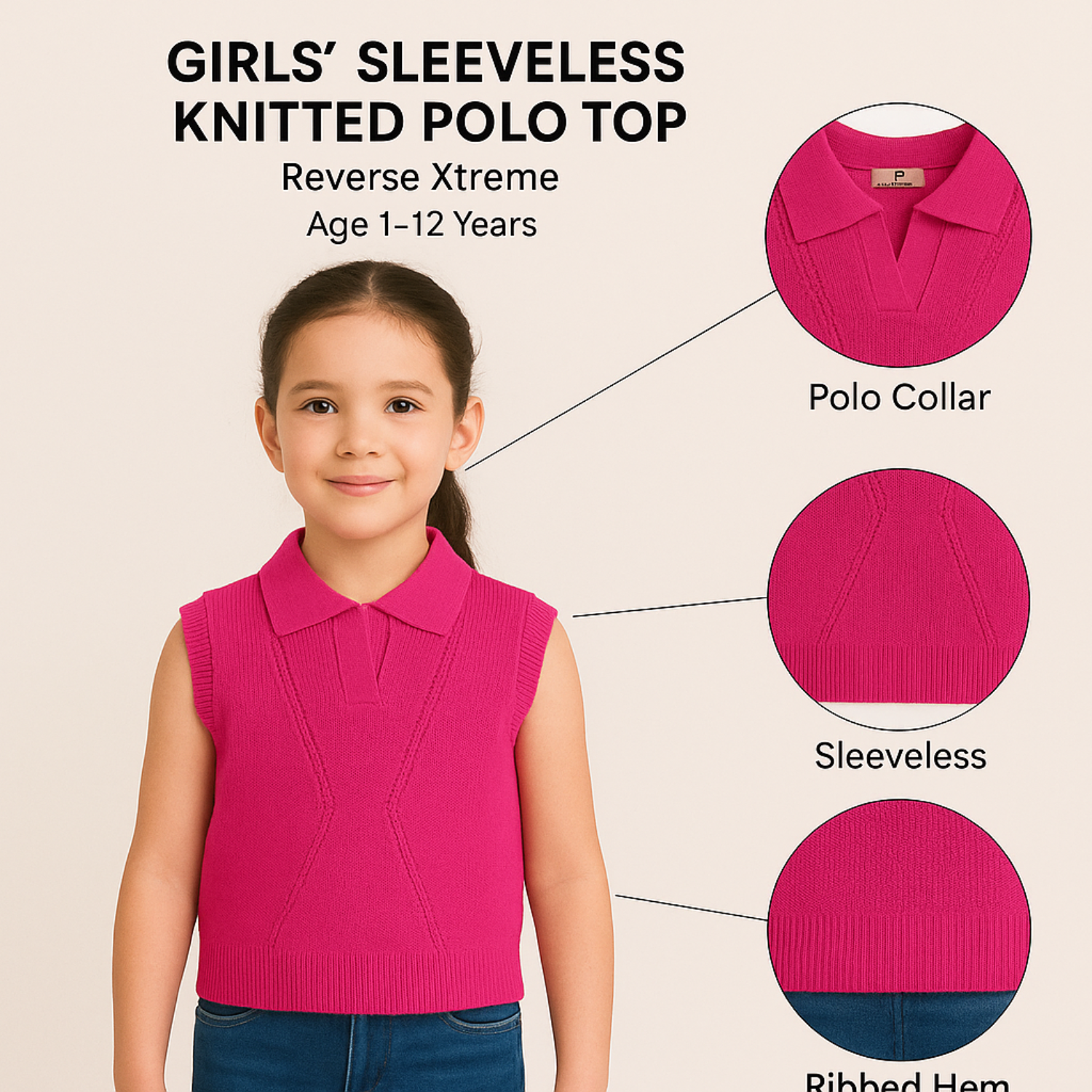 Girls’ Sleeveless Knitted Polo Top – Royal Blue & Hot Pink | Reverse Xtreme | Age 4–12 Years
