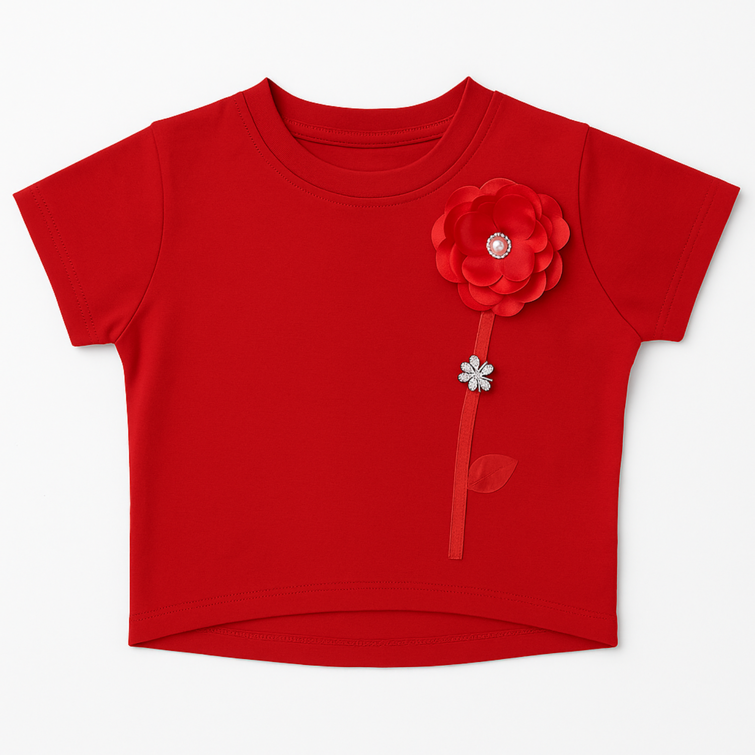 Girls' Elegant Floral Appliqué Crop Top – Red & Black | Reverse X-treme | Age 1–12 Years