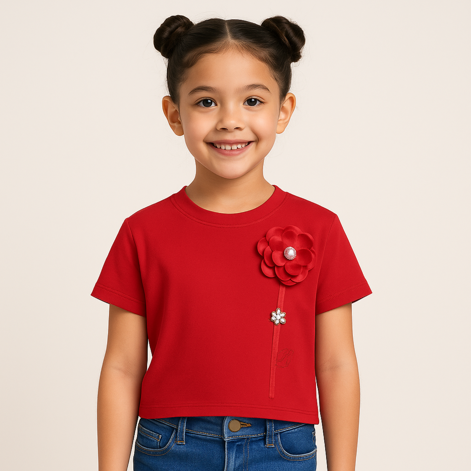 Girls' Elegant Floral Appliqué Crop Top – Red & Black | Reverse X-treme | Age 1–12 Years