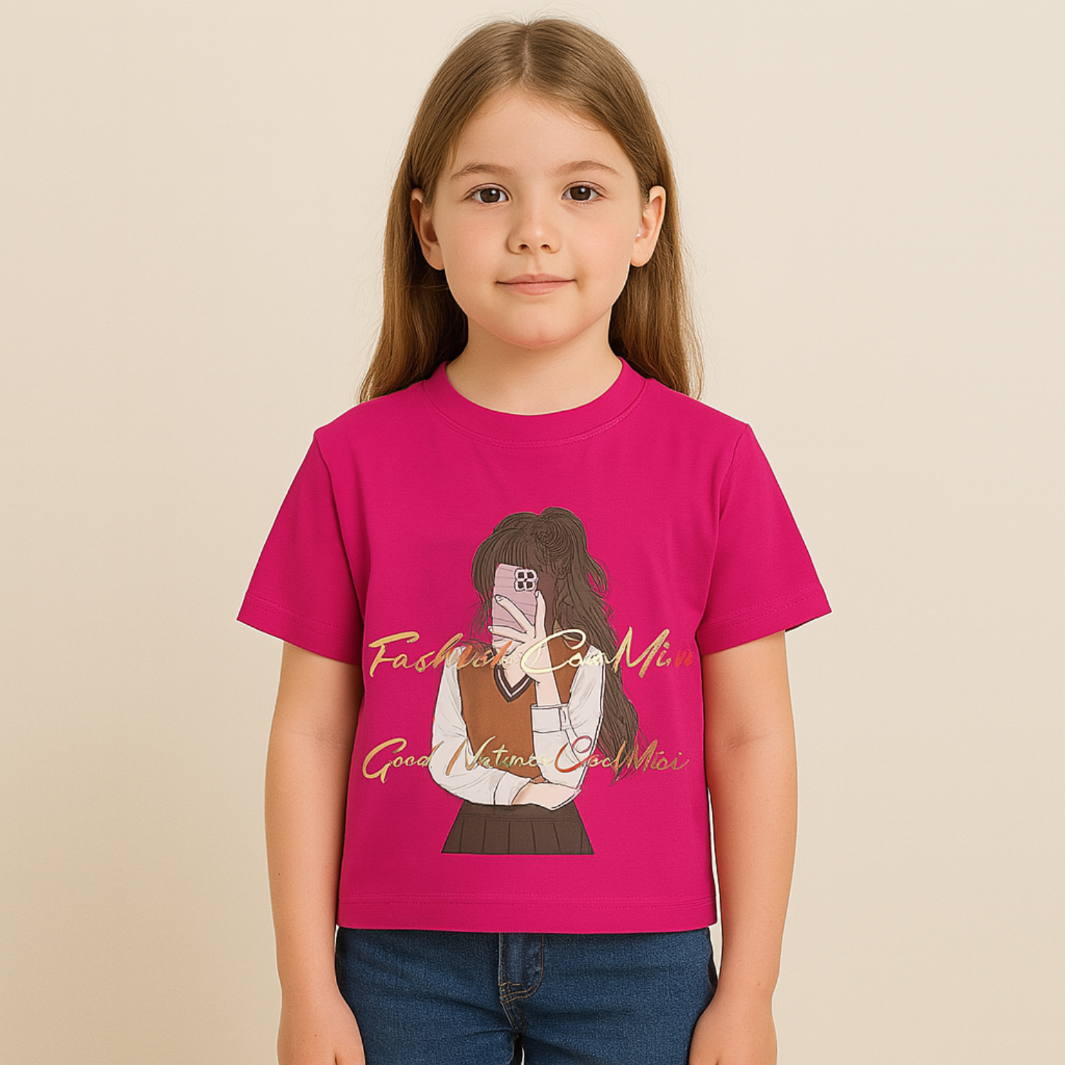 Reverse Xtreme Girls Stylish Graphic Print T-Shirt – Orange , Yellow & Hot Pink | Cute Cartoon Design